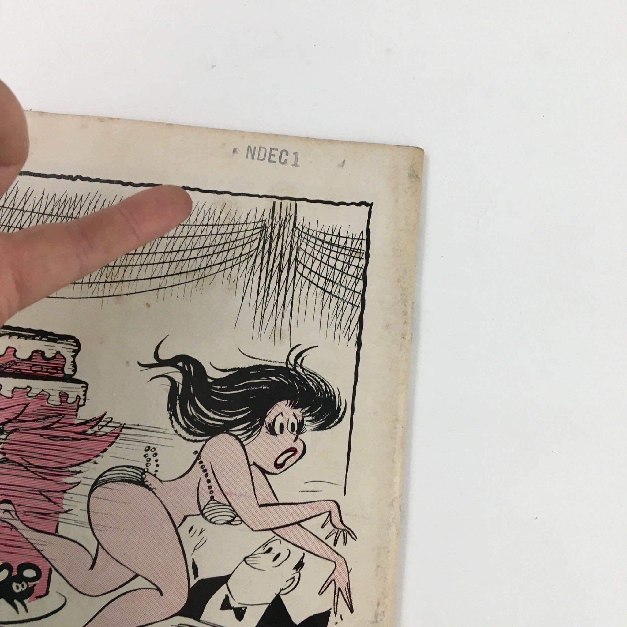 Close-up of the cover art of 'French Cartoons and Cuties February 1965 Vol. 1 No. 40 Cute But Eats Like Horse' featuring a character in swimwear and vibrant colors.