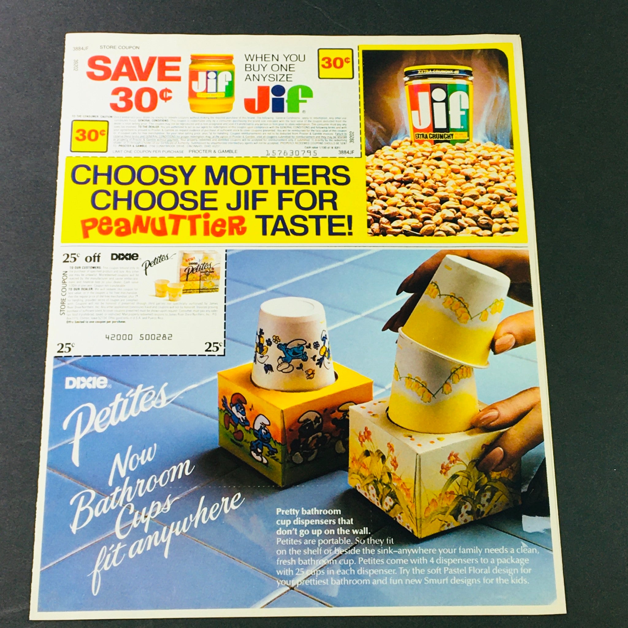 VTG Retro 1983 Kraft Cracker Barrel Cheese & Dixie Petites Smurf Cups Ad Coupon