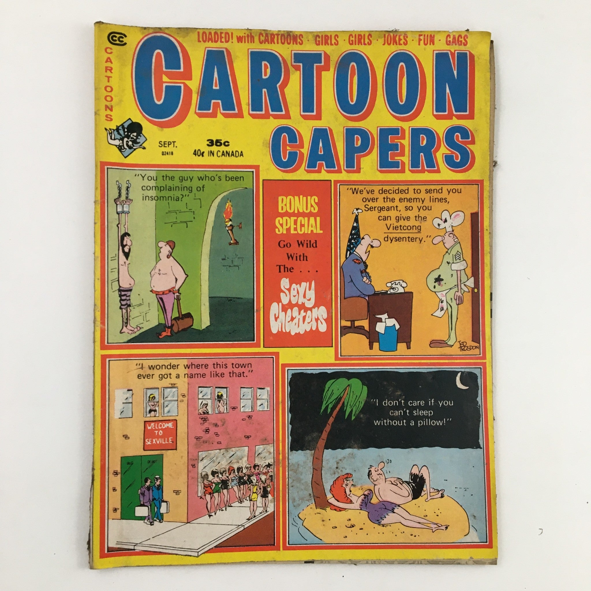 Cover of Cartoon Capers September 1971 Vol. 6 No. 4 Pinch The Waitress Comic Magazine, featuring vibrant illustrations, comedic panels, and bold title text. The magazine highlights humorous scenes, including characters and jokes typical of classic comic books from that era.