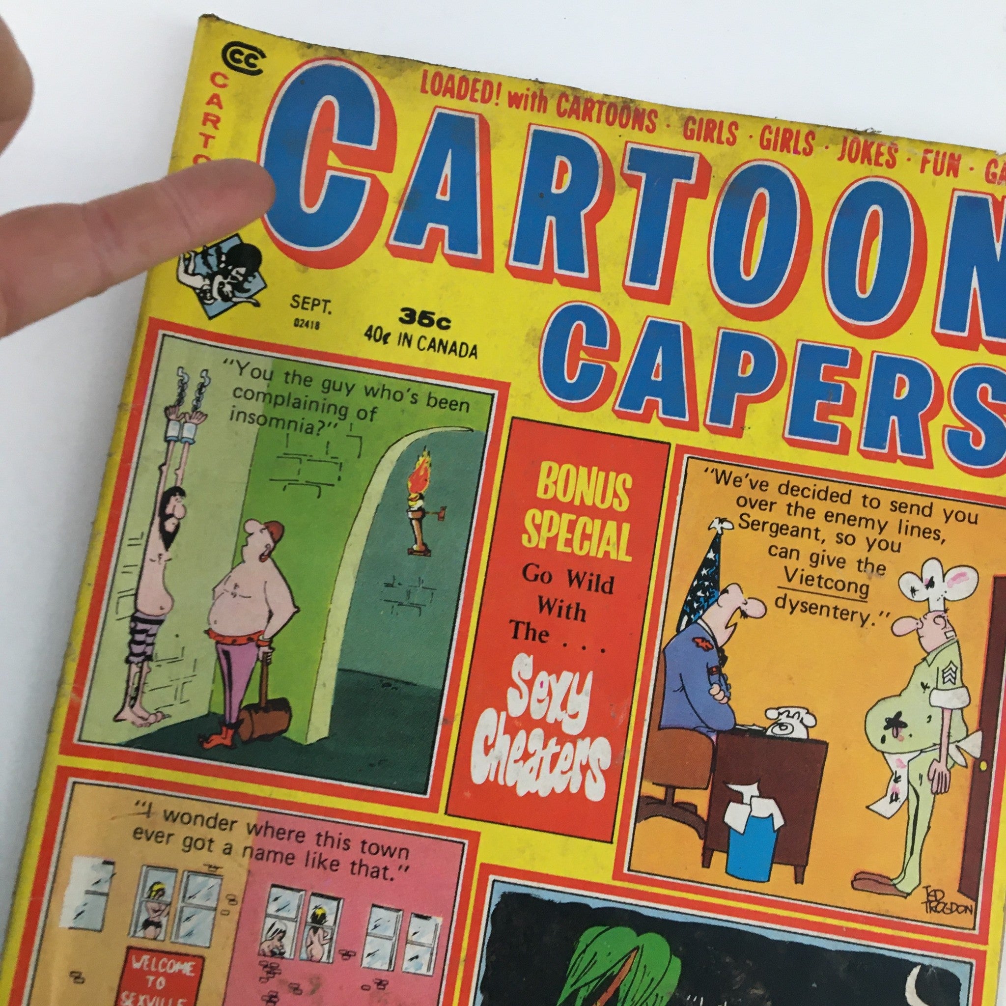Cover of Cartoon Capers September 1971 Vol. 6 No. 4 Pinch The Waitress Comic Magazine featuring vibrant cartoon illustrations and humorous headlines.