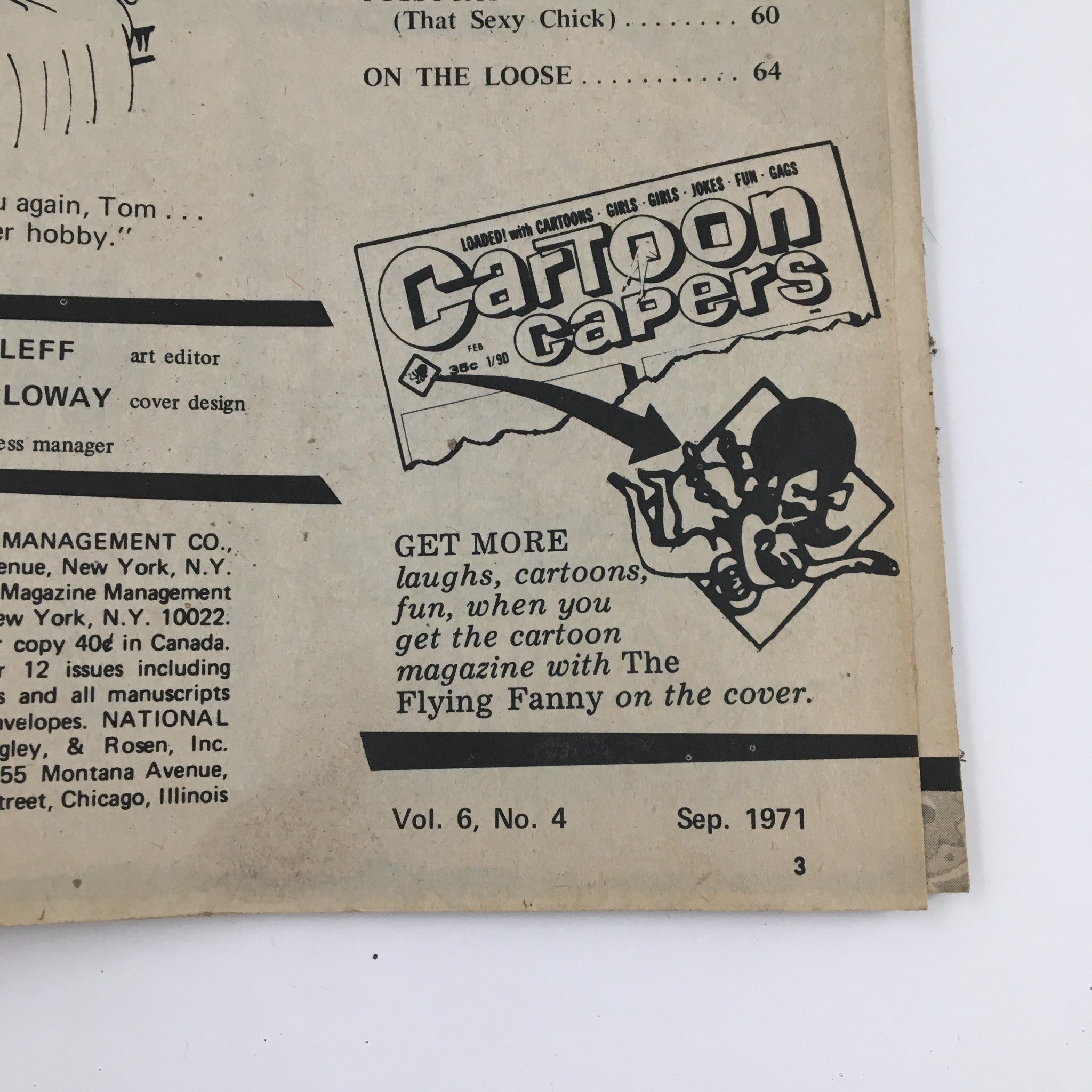 Inside page of Cartoon Capers September 1971 Vol. 6 No. 4 Pinch The Waitress Comic Magazine displaying editorial credits and vintage advertisements.