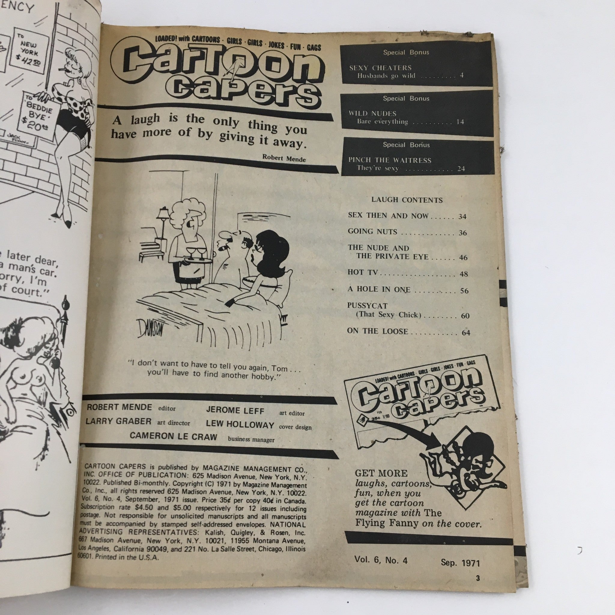 Table of contents of Cartoon Capers September 1971 Vol. 6 No. 4 Pinch The Waitress Comic Magazine highlighting featured cartoon stories and articles.