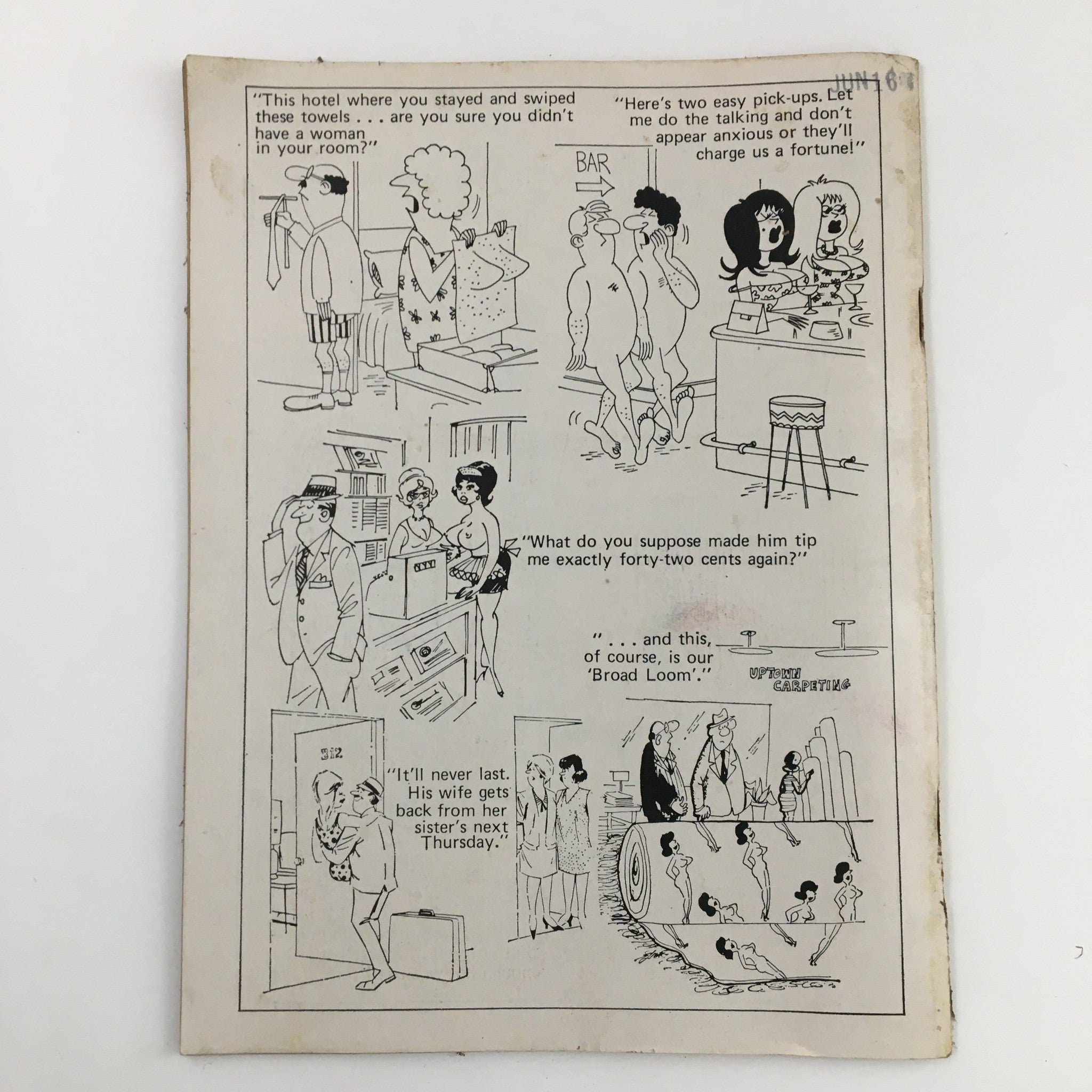 Back cover of Cartoon Capers September 1971 Vol. 6 No. 4 Pinch The Waitress Comic Magazine displaying vintage cartoon artworks and humor.