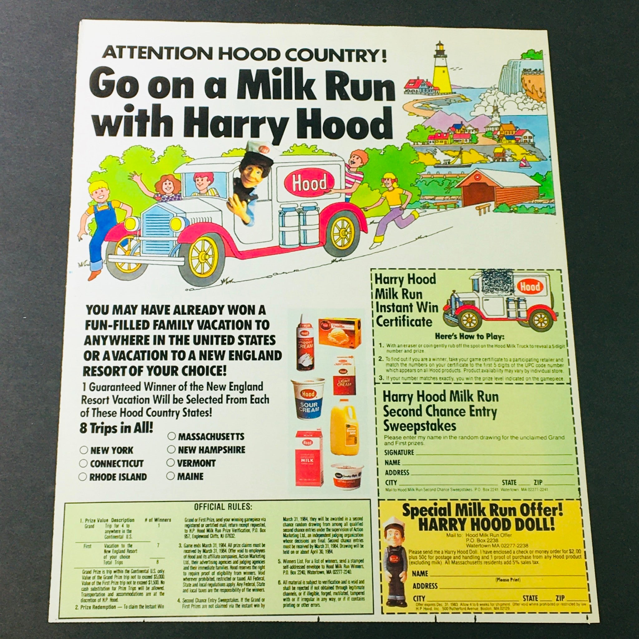 VTG Retro 1983 Milk Run with Harry Hood Sweepstakes & Vacation Trip Ad Coupon