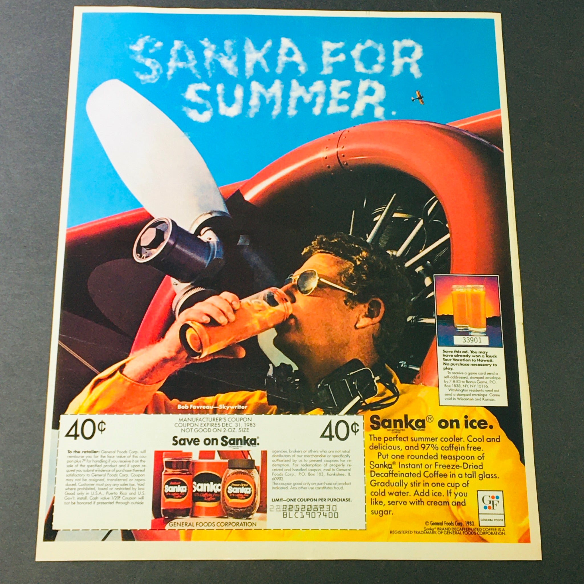 VTG Retro 1983 Sanka Decaffeinated Coffee Summer Skywriter Bob Favreau Ad Coupon