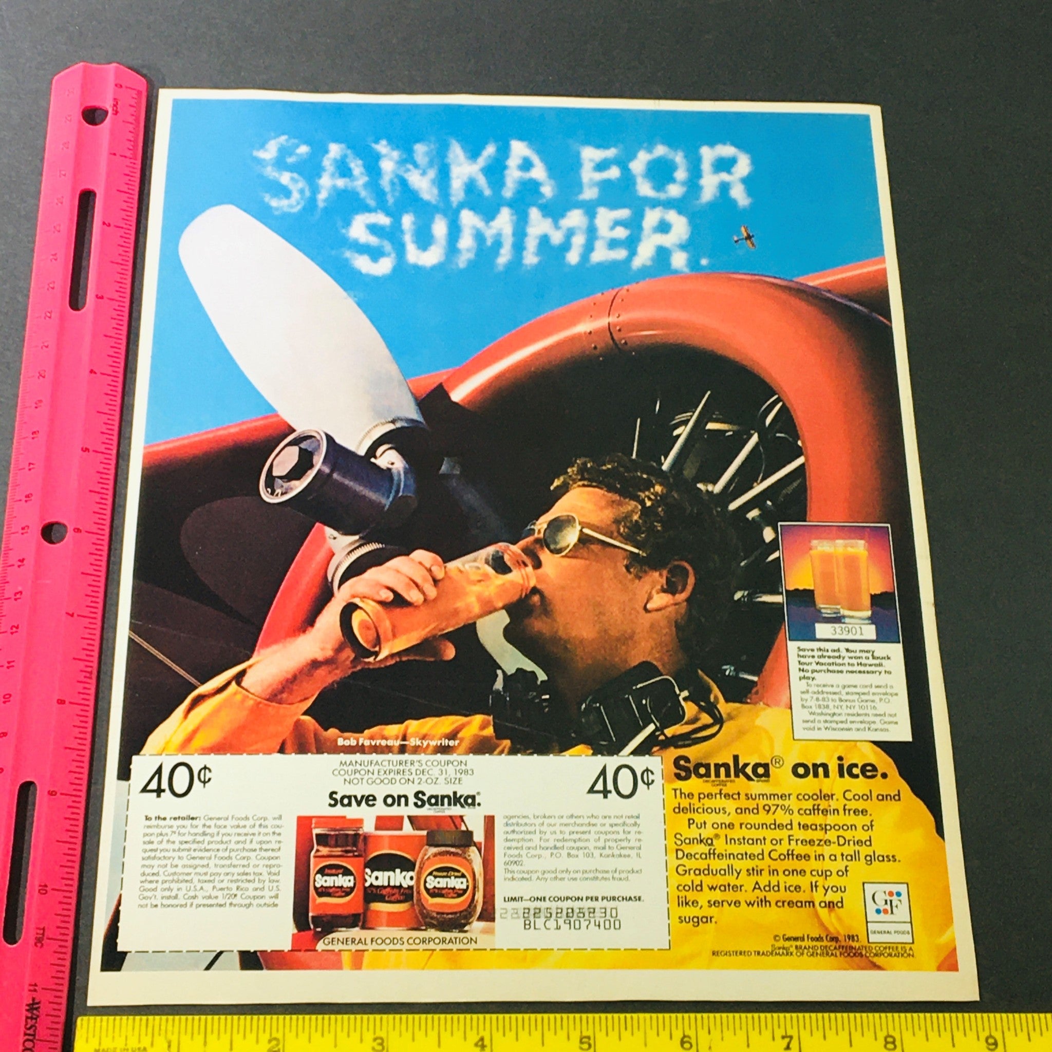 VTG Retro 1983 Sanka Decaffeinated Coffee Summer Skywriter Bob Favreau Ad Coupon