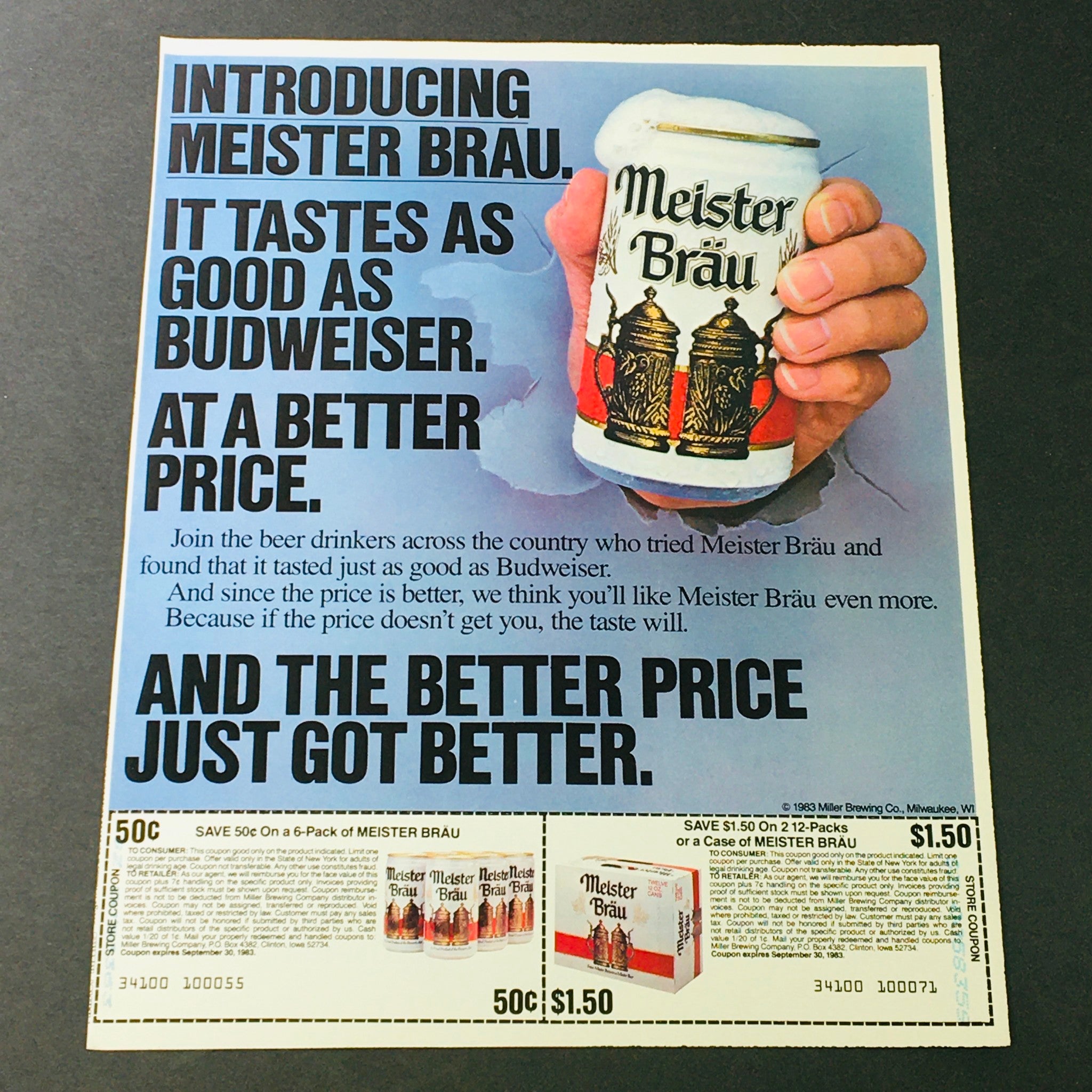 VTG Retro 1983 Meister Brau Beer & Johnson Wax Off Lotion and Spray Ad Coupon