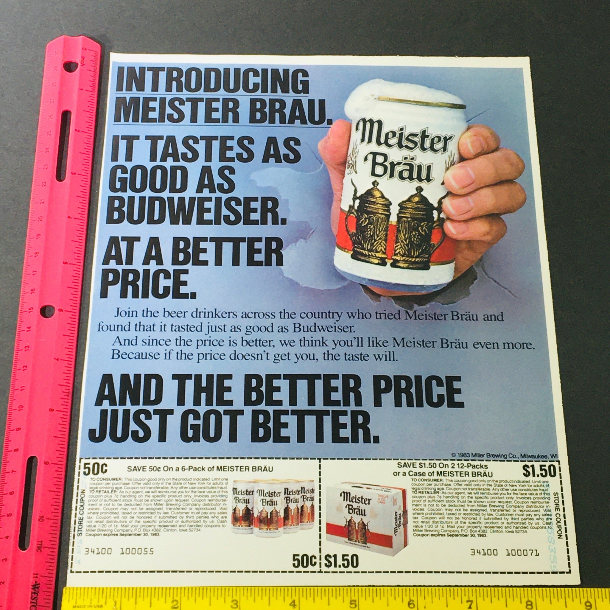 VTG Retro 1983 Meister Brau Beer & Johnson Wax Off Lotion and Spray Ad Coupon