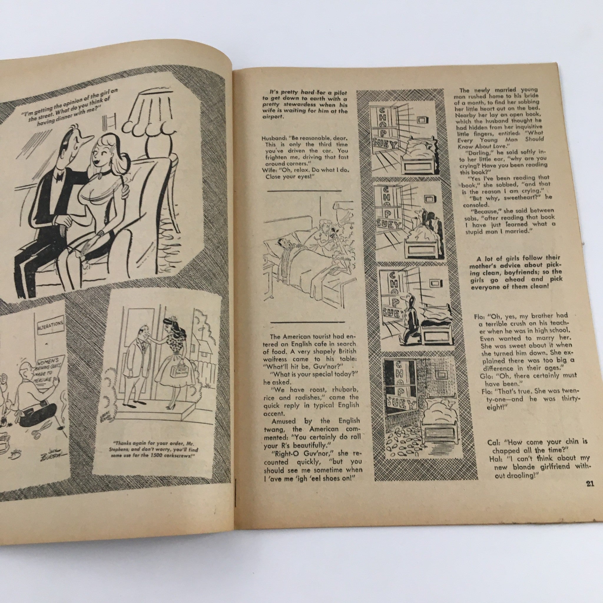 Another interior page of the Popular Jokes Laugh Magazine, featuring humorous dialogues and cartoon illustrations reflecting the comedic style of the 1960s.