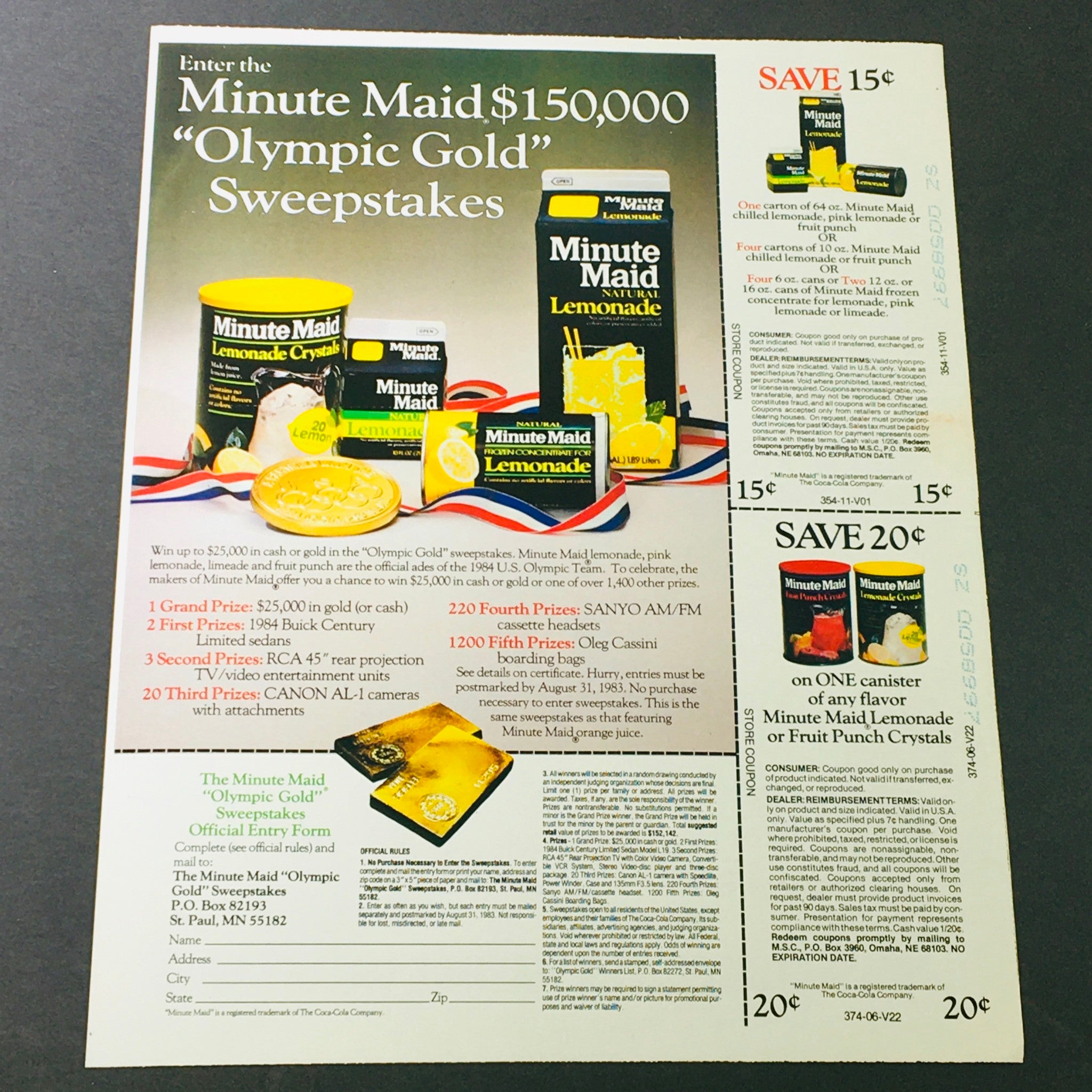 VTG Retro 1984 Minute Maid Lemonade Crystals & Natural Lemonade Juice Ad Coupon