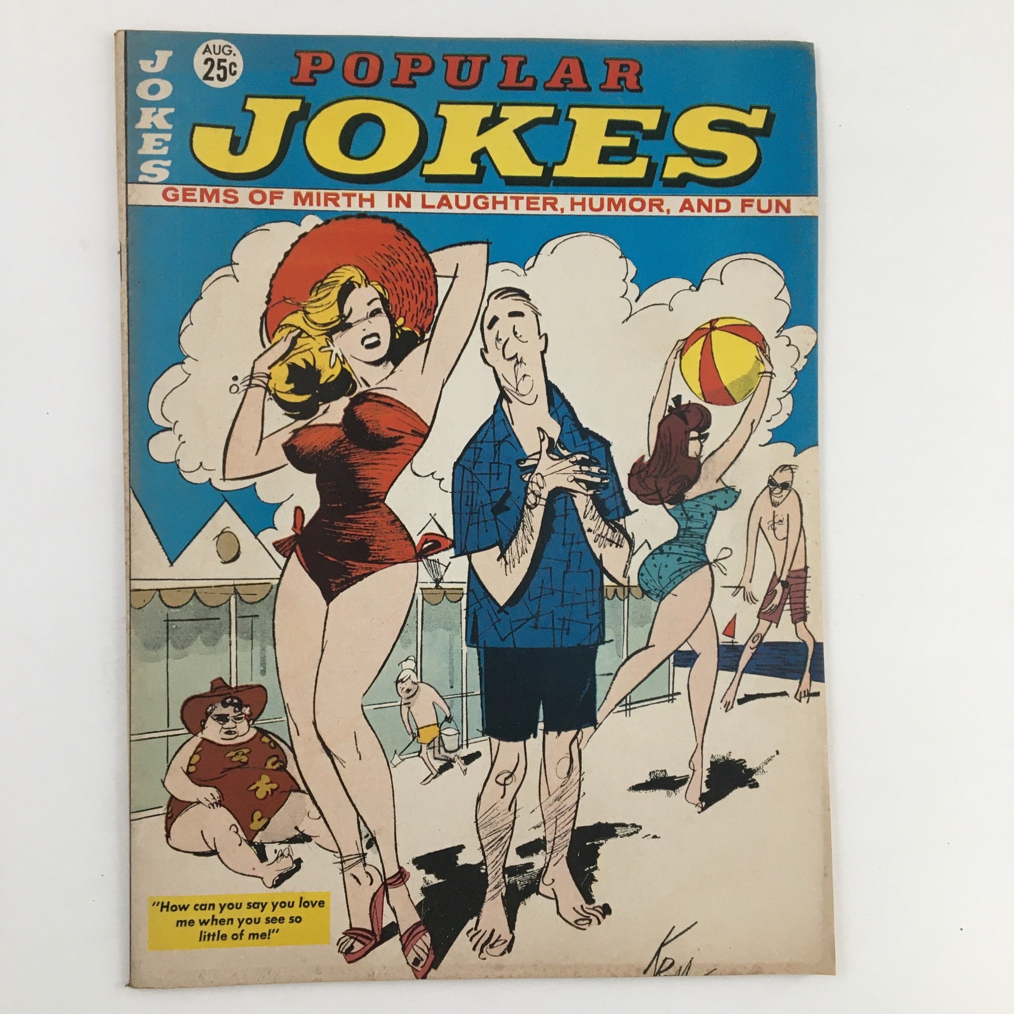Cover of Popular Jokes Laugh Magazine August 1964 featuring colorful illustrations of people at the beach, including a man in a blue suit and playful characters, highlighting the humor and vibrant culture of the 1960s.