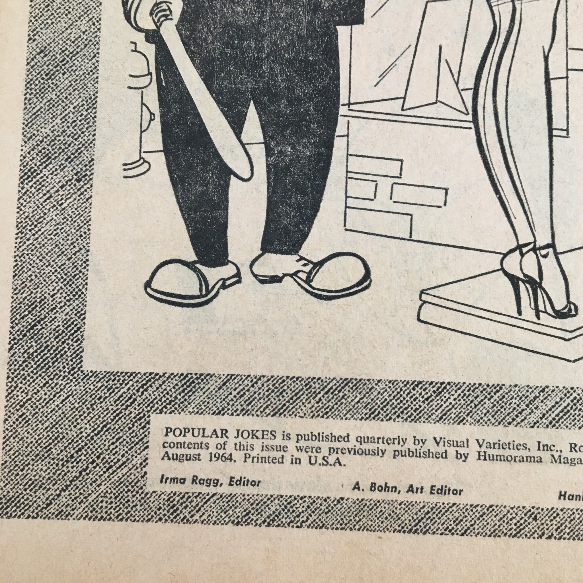 Interior page of Popular Jokes Laugh Magazine August 1964 showcasing a black and white comic illustration of a character with a baseball bat, reflecting the humor style of the era.