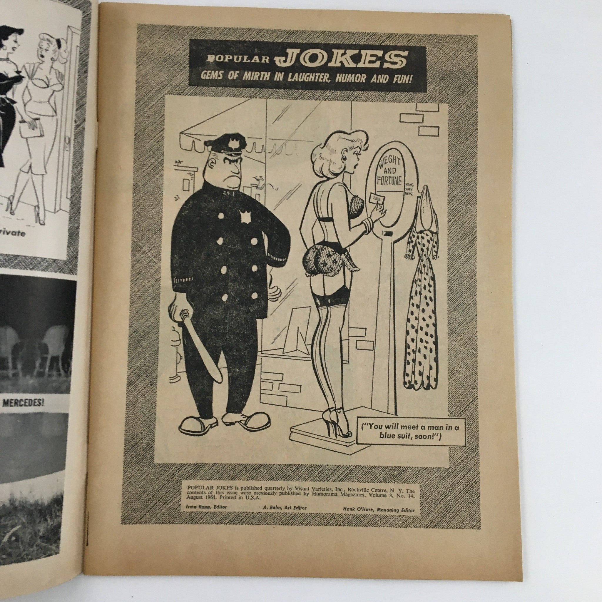 Another interior page from Popular Jokes Laugh Magazine August 1964 featuring a humorous depiction of a police officer and a woman in a playful scene, emphasizing the magazine's comedic themes.