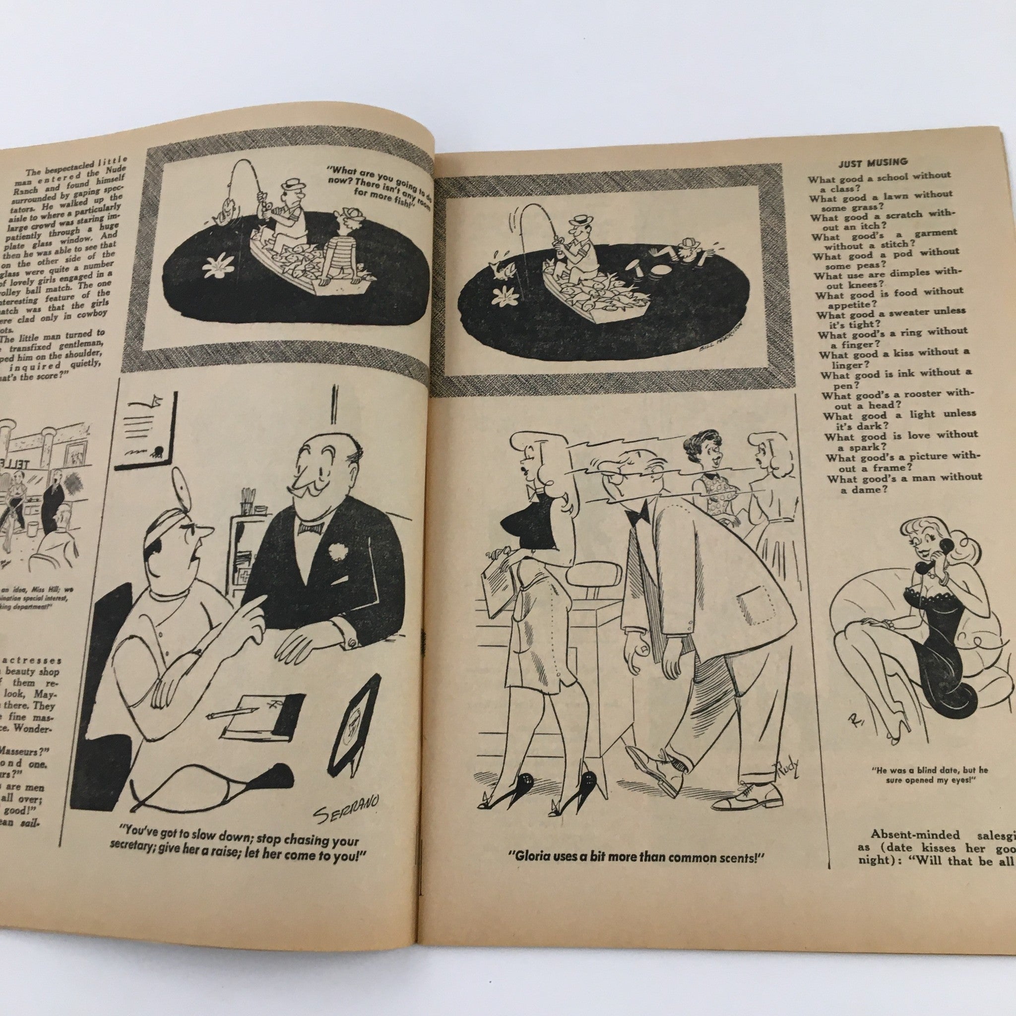 A double-page spread in Popular Jokes Laugh Magazine August 1964 with various sketches and jokes, illustrating the lighthearted humor and social commentary typical of the 1960s.