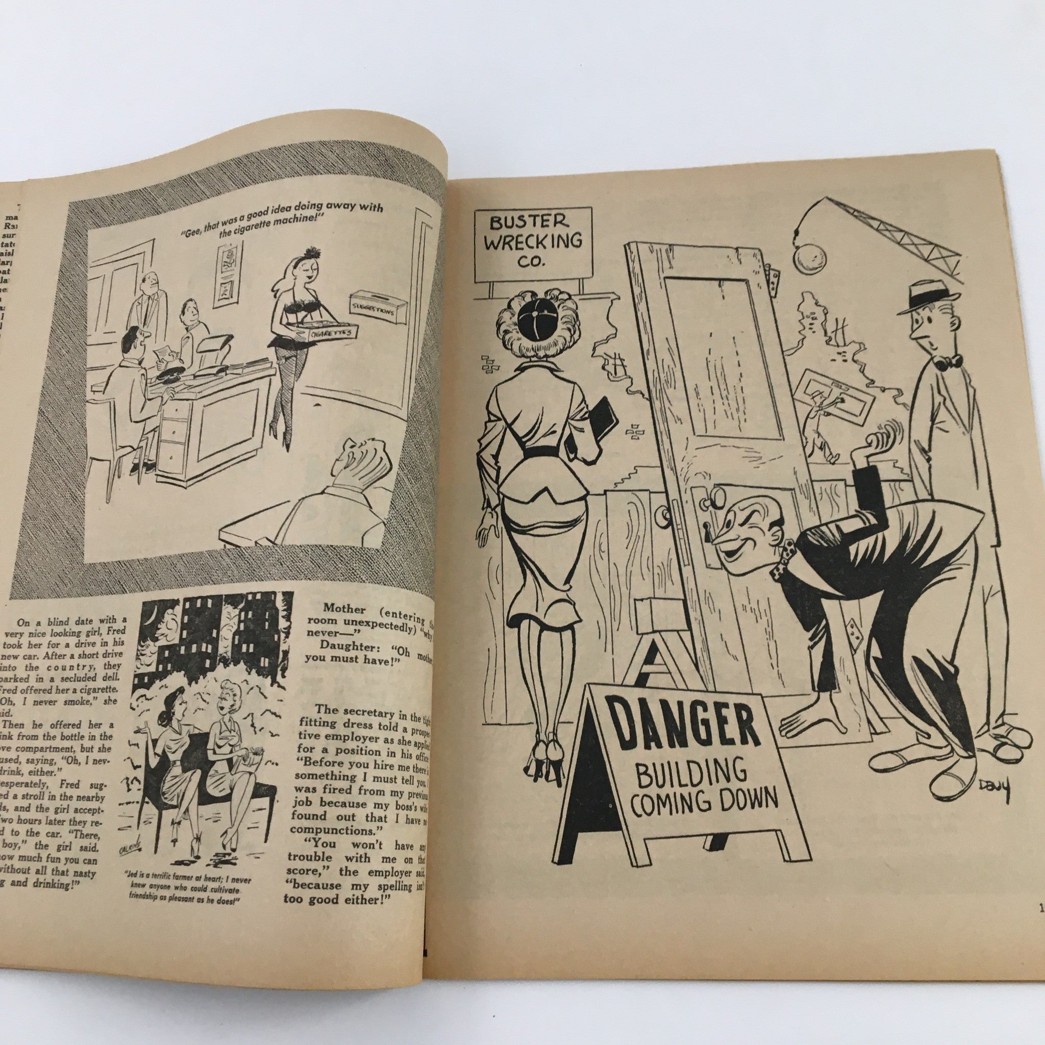 Vintage illustration from Popular Jokes Laugh Magazine, August 1964, featuring humorous scenes, including a busy office setting and a comedic sign stating 'DANGER BUILDING COMING DOWN'.