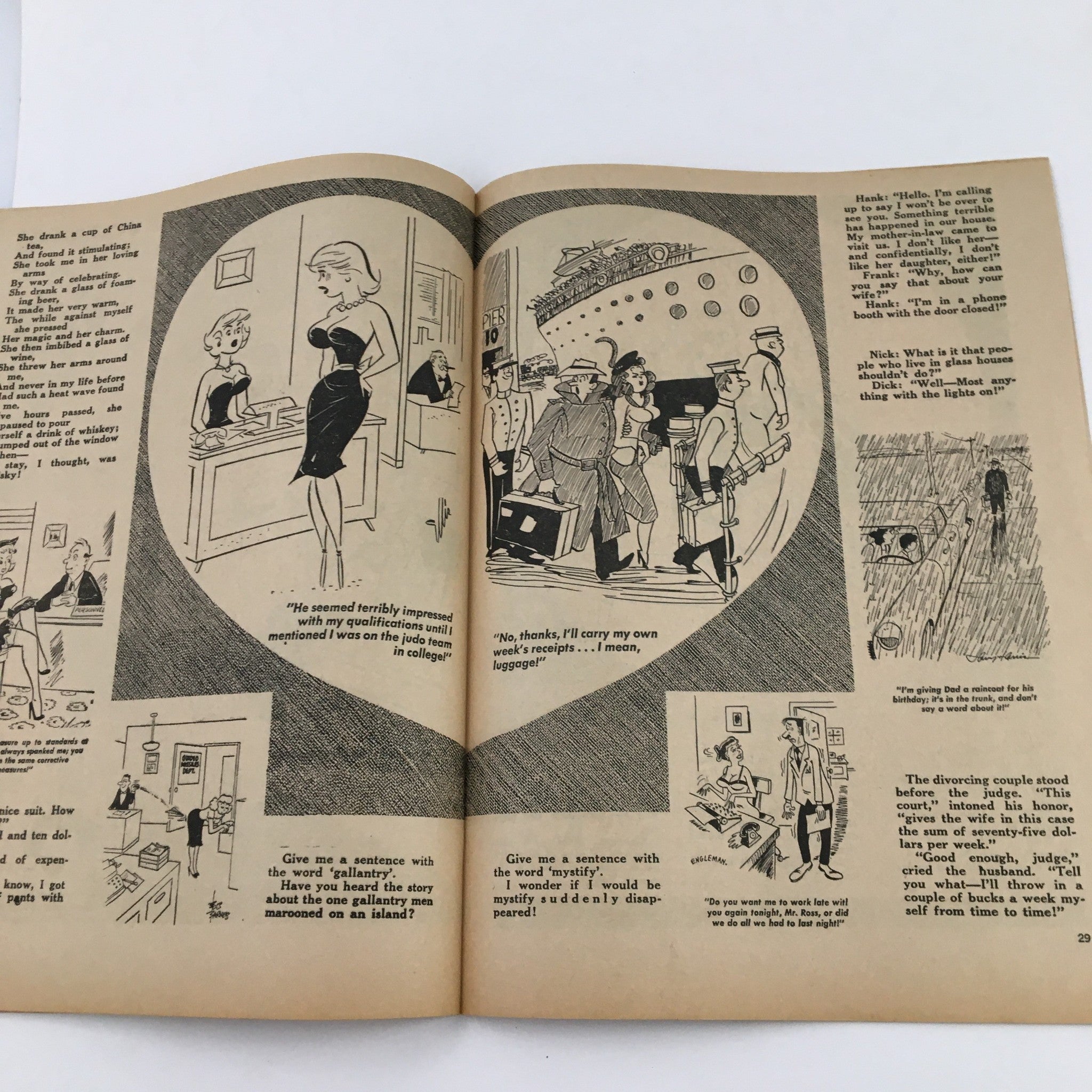 Illustrated pages from Popular Jokes Laugh Magazine, August 1964, displaying classic humor related to dating and travel, with comedic dialogues and character interactions.