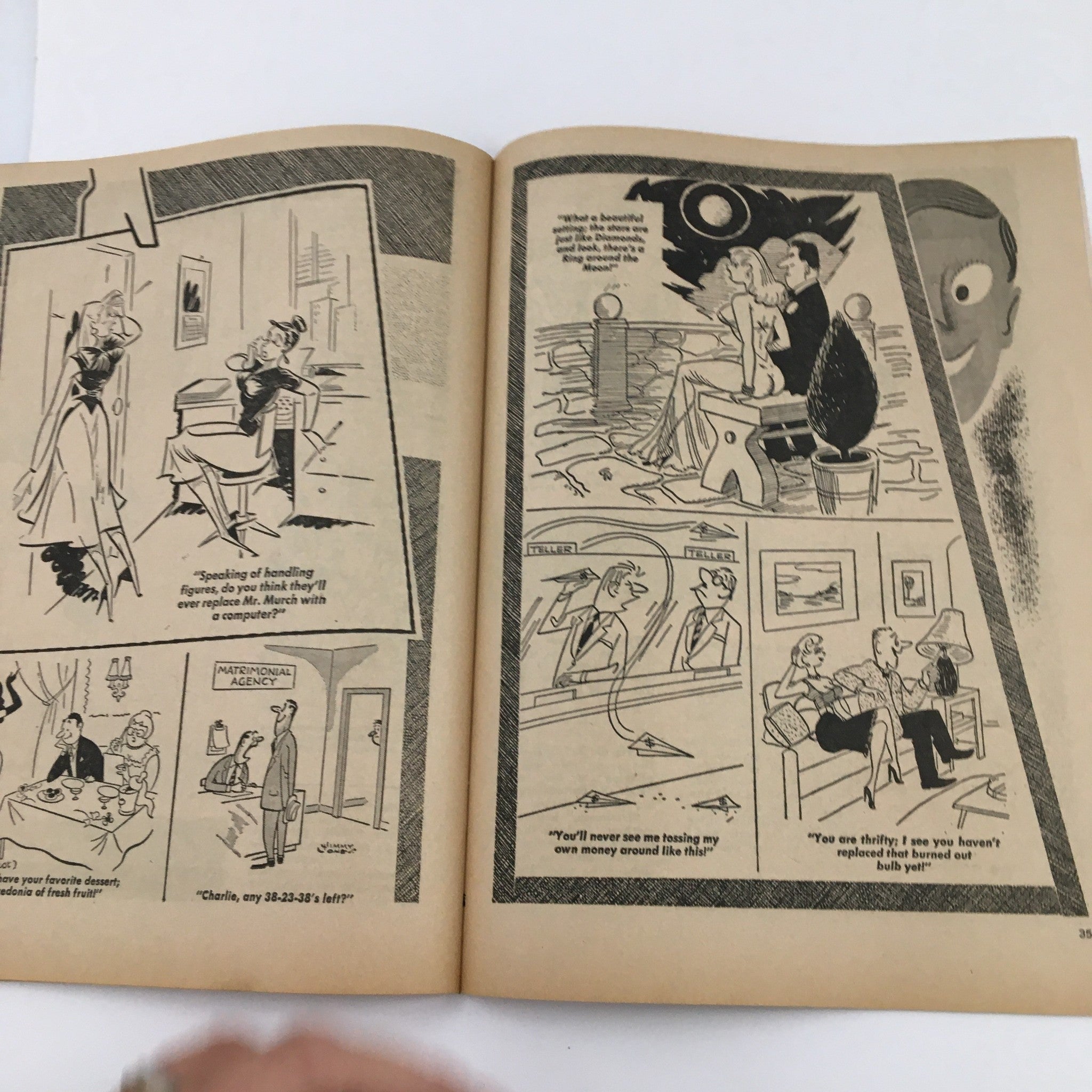 Humorous illustrations from Popular Jokes Laugh Magazine, August 1964, depicting romantic scenes and witty one-liners about relationships and social situations.