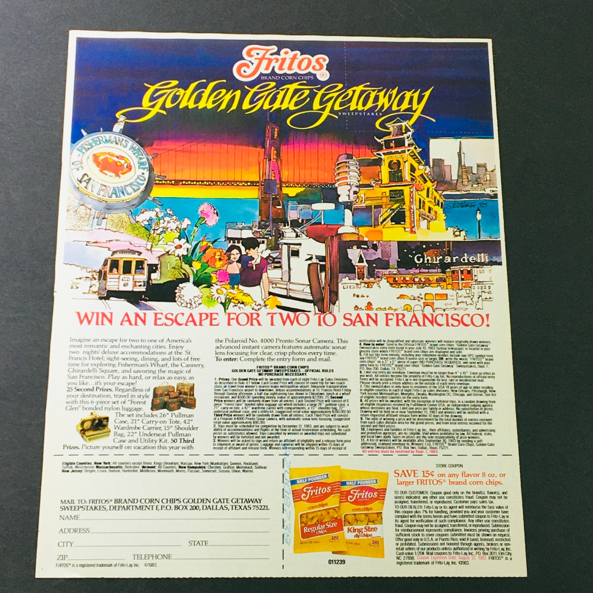 VTG Retro 1983 Fritos Golden Gate Getaway For 2 to San Francisco Ad Coupon