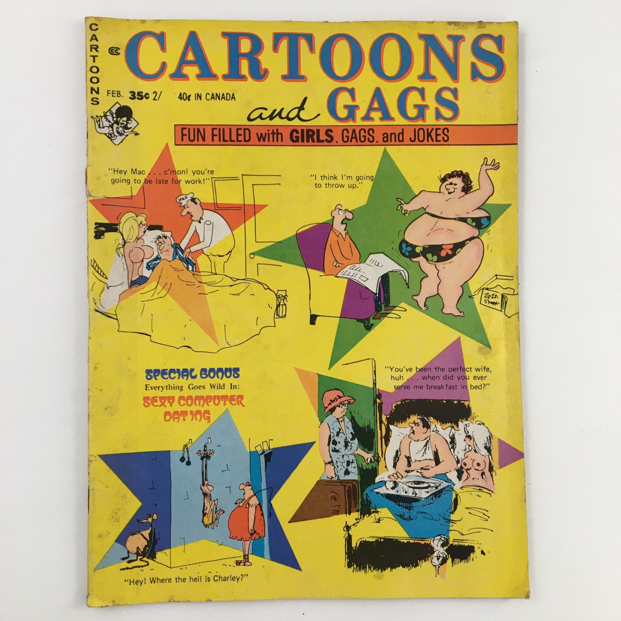 Cover of Cartoons & Gags Magazine February 1971 featuring humorous illustrations and the headline 'Fun Filled with Girls, Gags, and Jokes' alongside 'Special Bonus: Everything Goes Wild in Sexy Computer Dating.'