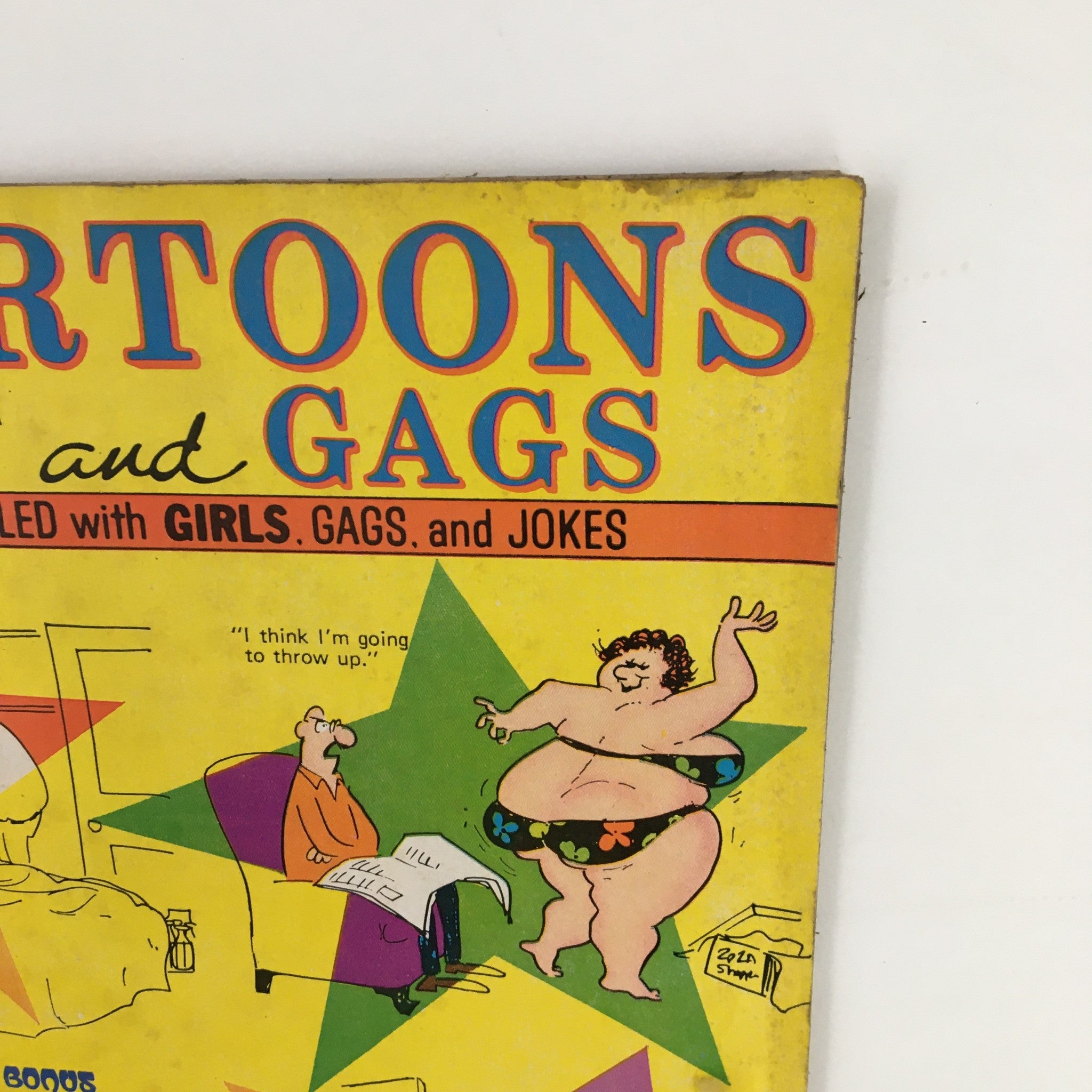 Close-up of Cartoons & Gags Magazine February 1971 cover showcasing colorful graphic design and humorous quotes, emphasizing the lighthearted nature of the magazine.