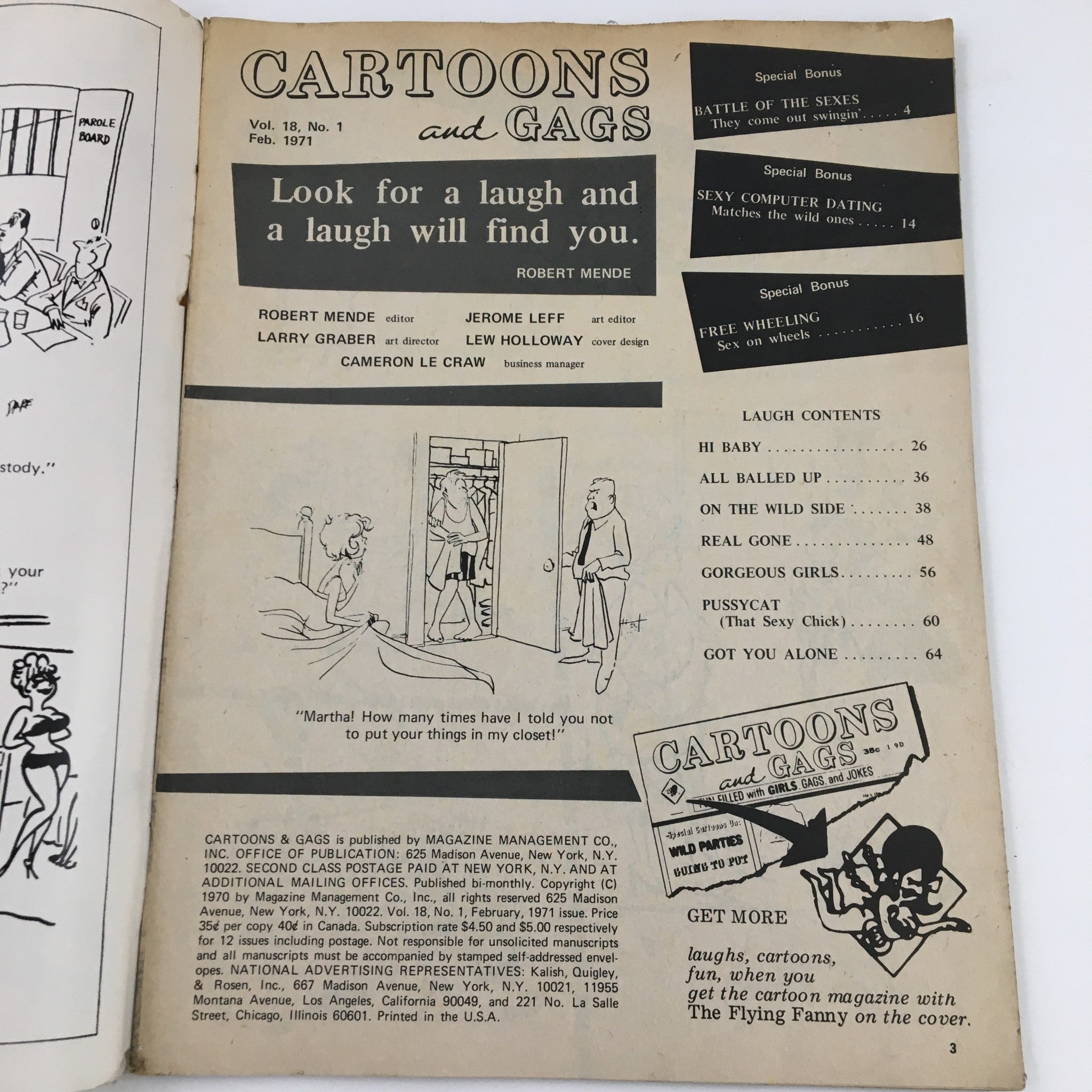Inside cover of Cartoons & Gags Magazine February 1971 featuring the magazine's title and details about content such as 'Sexy Computer Dating' and 'Battle of the Sexes'.