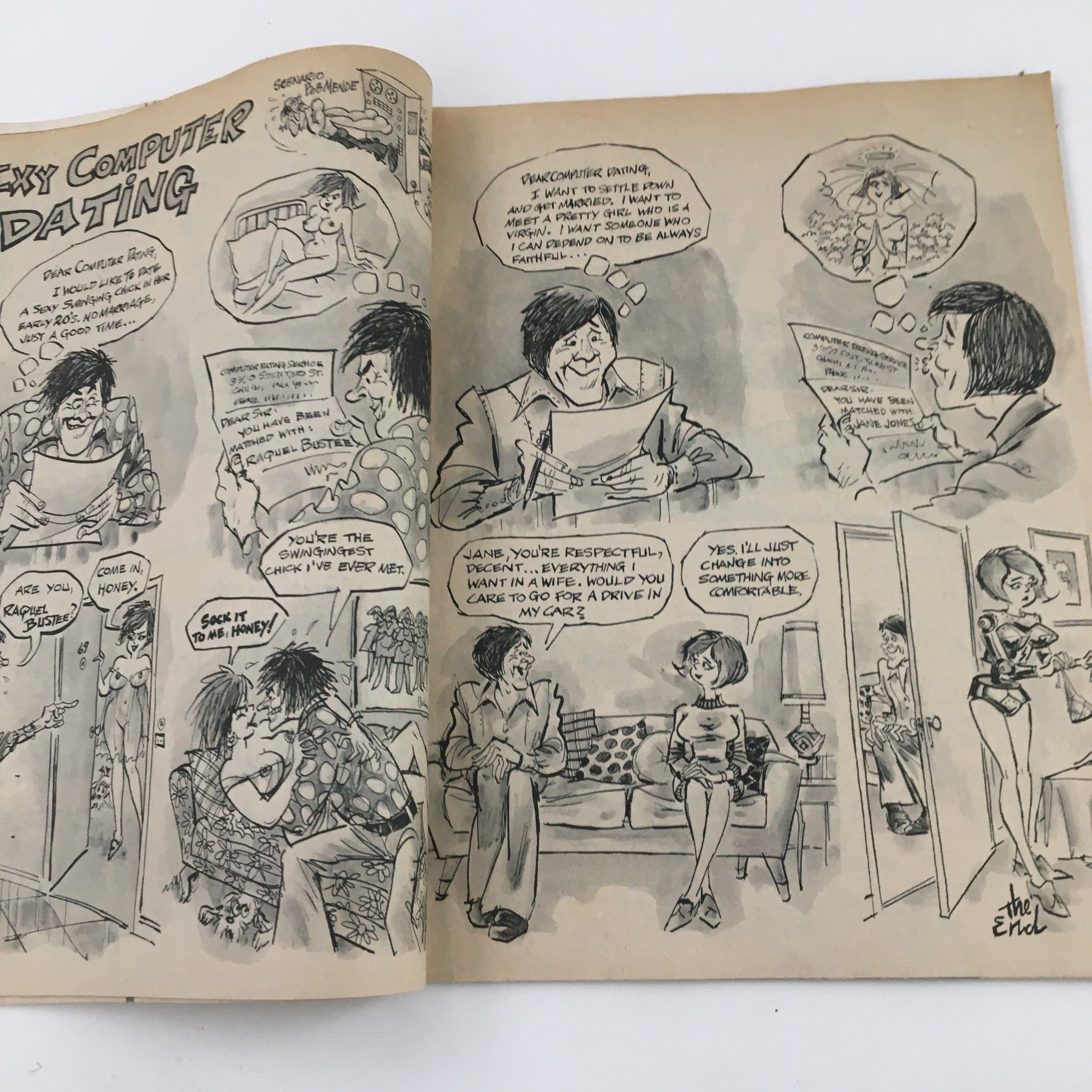 Illustrated page from Cartoons & Gags Magazine February 1971 showcasing a humorous comic titled 'Sexy Computer Dating' with funny characters and dialogue.