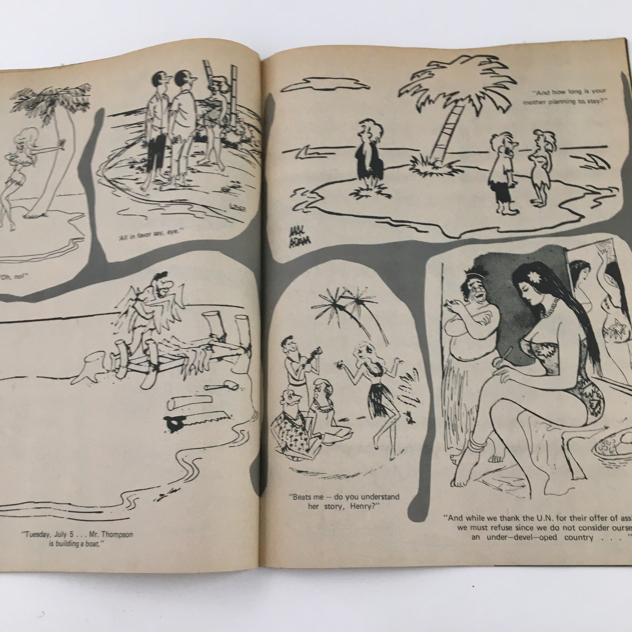 Humorous cartoons from Cartoons & Gags Magazine February 1971 featuring playful illustrations about tropical adventures and quirky interactions.