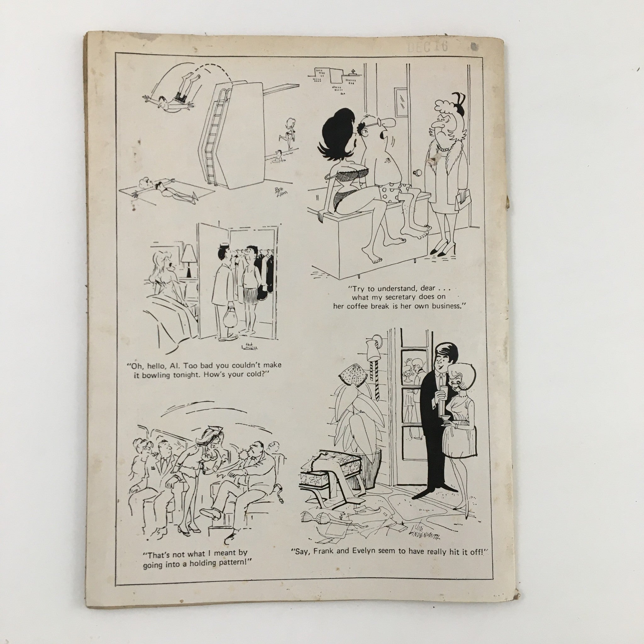 Back cover of Cartoons & Gags Magazine February 1971 displaying various comics with tongue-in-cheek humor about everyday life situations.