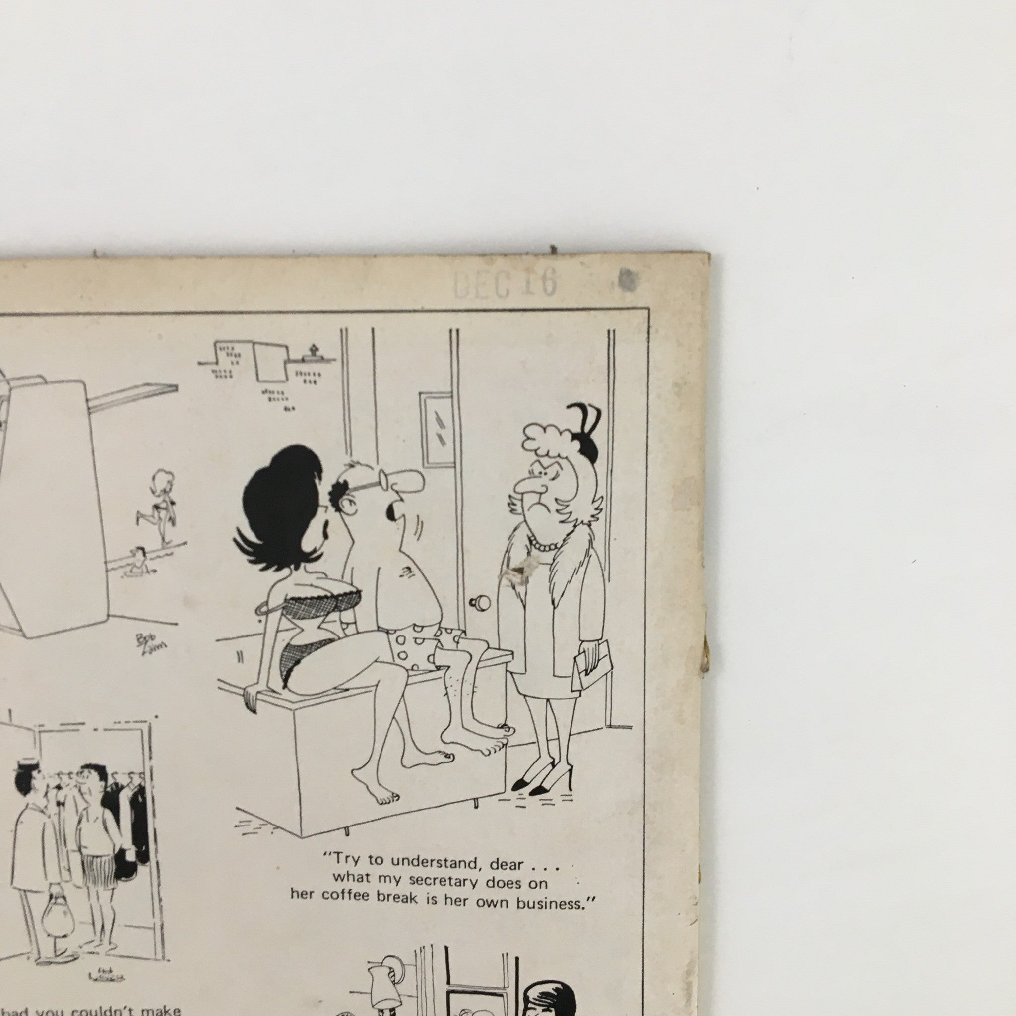 Illustration from Cartoons & Gags Magazine February 1971, depicting a humorous scene involving a man in his underwear and two women, showcasing the playful humor typical of the era.