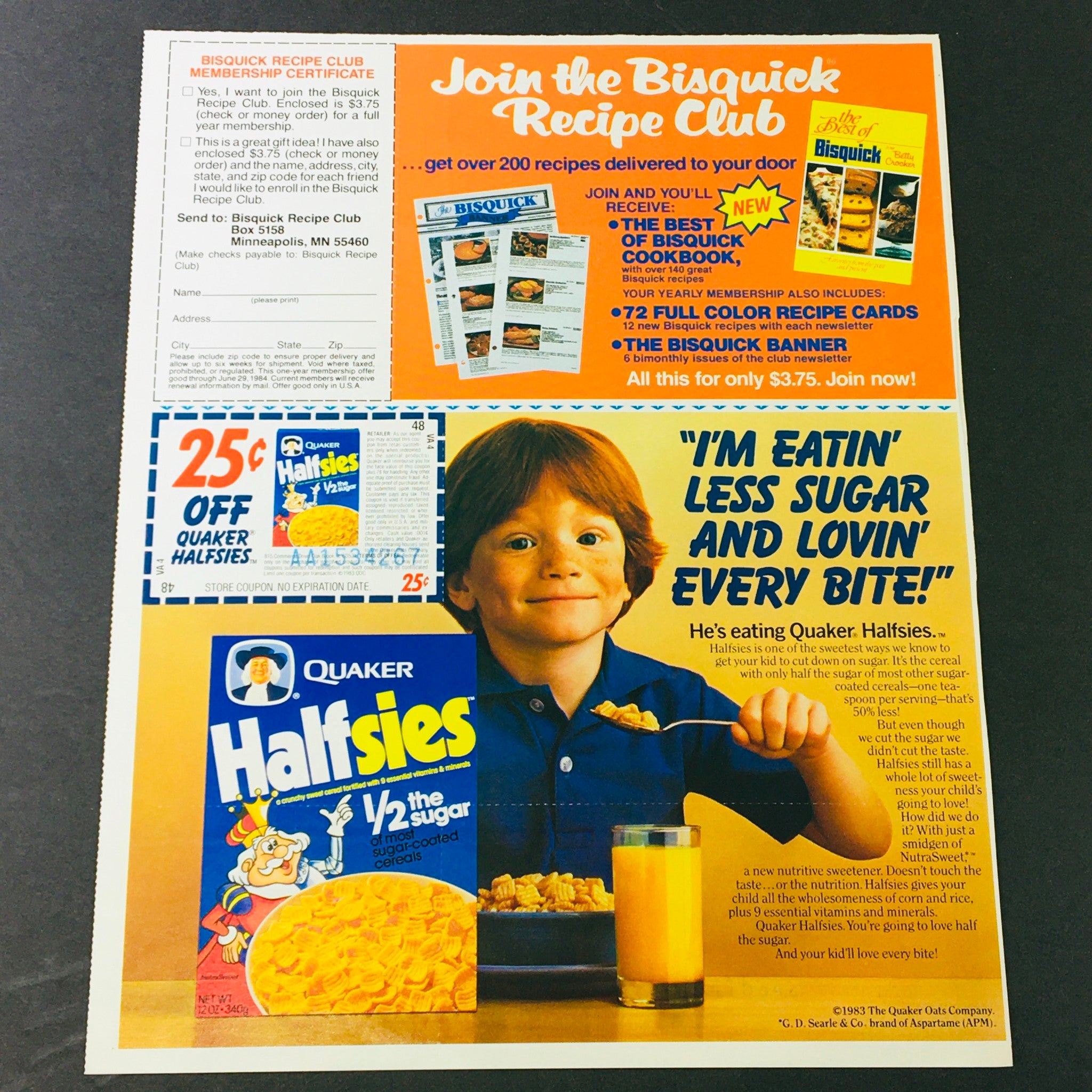 VTG Retro 1983 Quaker Halfsies Sugar-Coated Cereal & Bisquick Club Ad Coupon