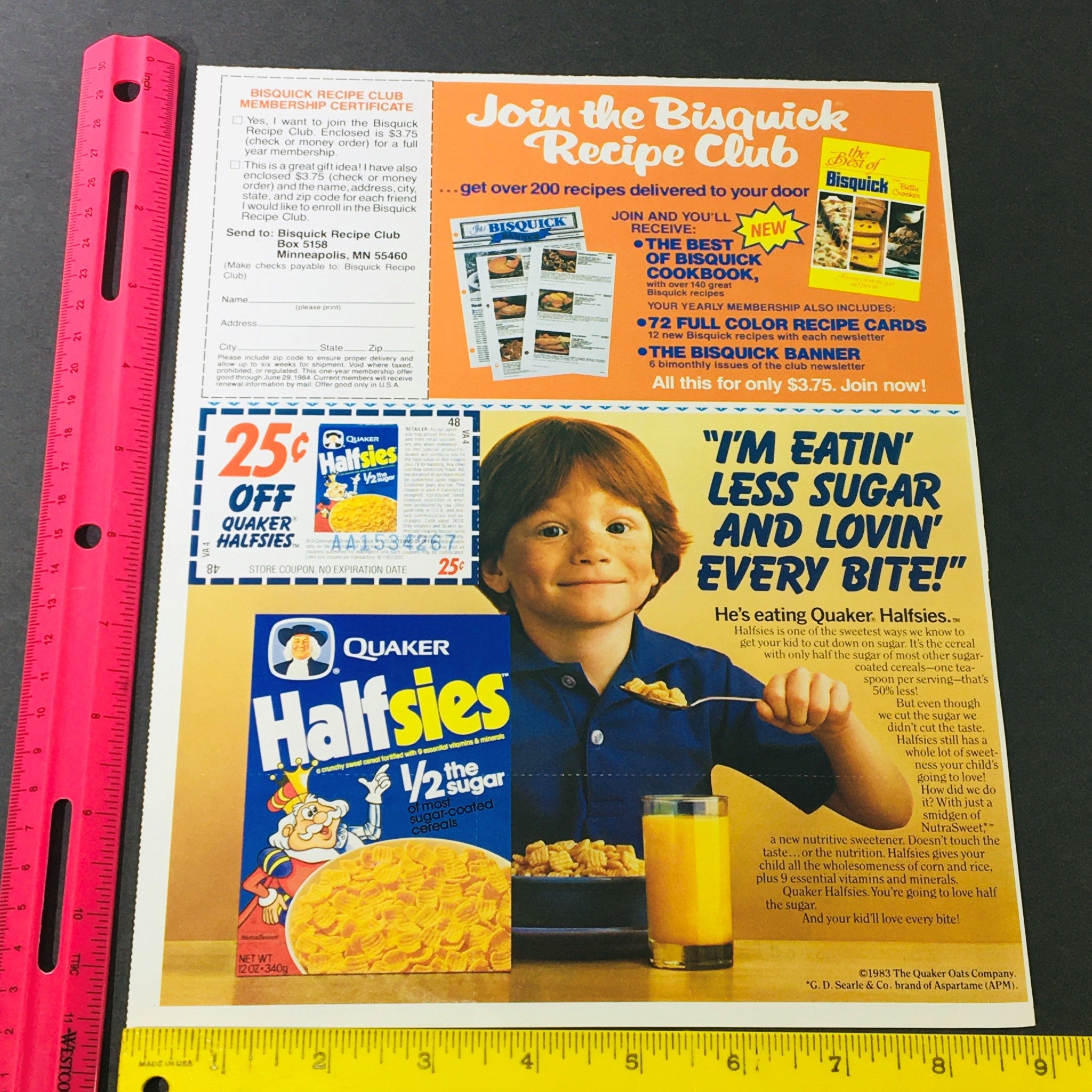 VTG Retro 1983 Quaker Halfsies Sugar-Coated Cereal & Bisquick Club Ad Coupon