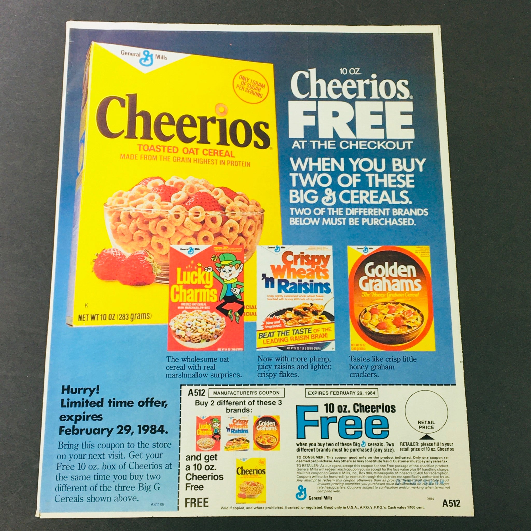 VTG Retro 1984 General Mills Cheerios Toasted Oat Cereal & Lucky Charm Ad Coupon