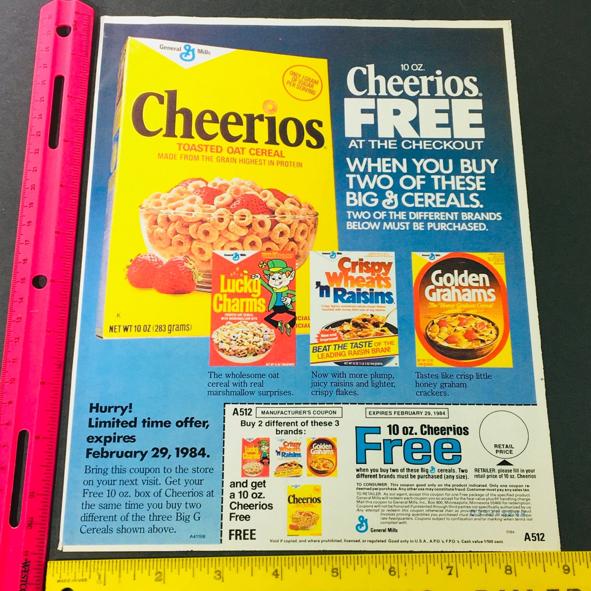 VTG Retro 1984 General Mills Cheerios Toasted Oat Cereal & Lucky Charm Ad Coupon