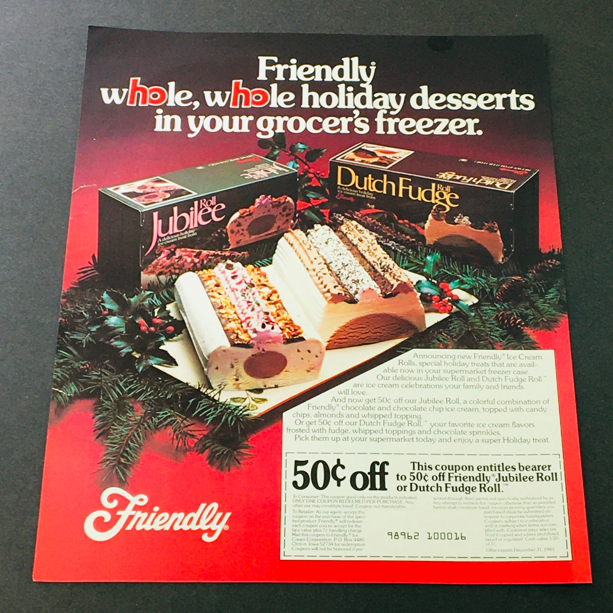 VTG Retro 1983 Friendly Jubilee Roll or Dutch Fudge Roll Desserts Ad Coupon