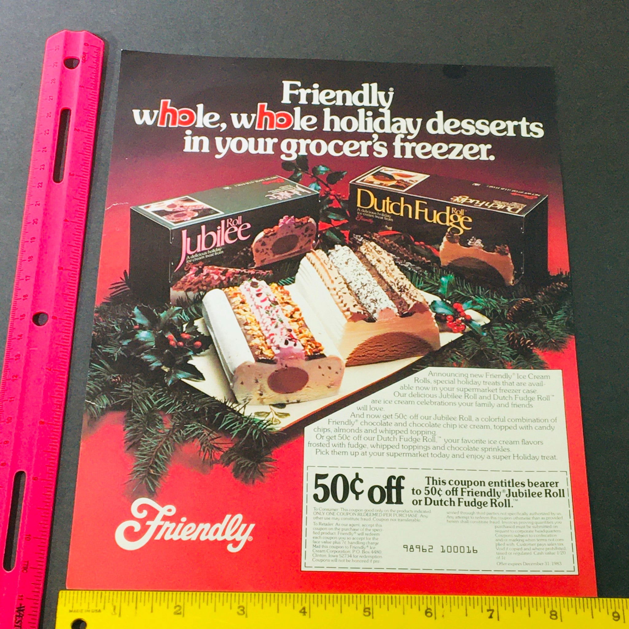 VTG Retro 1983 Friendly Jubilee Roll or Dutch Fudge Roll Desserts Ad Coupon