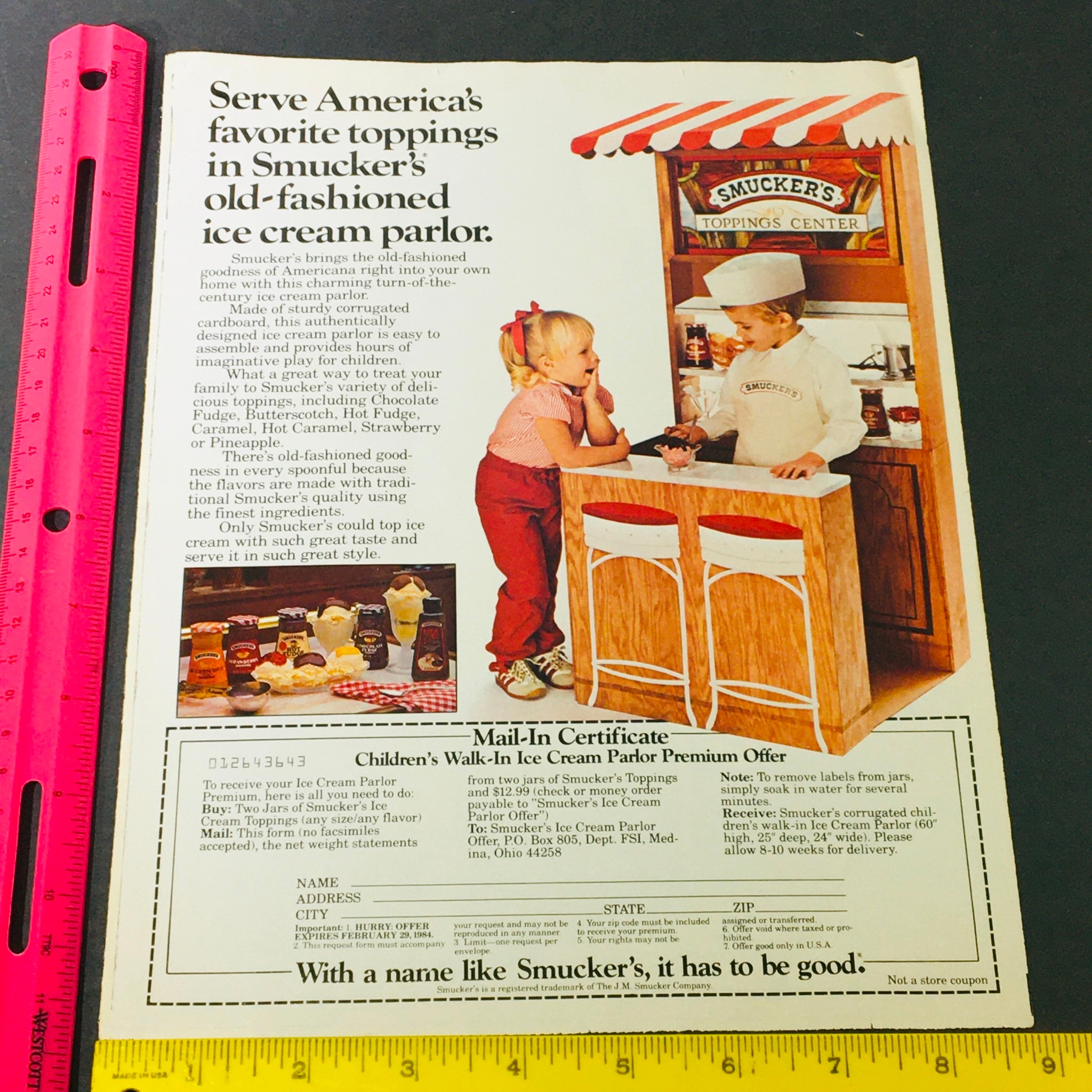 VTG Retro 1984 Smucker's Children's Walk-in Ice Cream Parlor Offer Ad Coupon