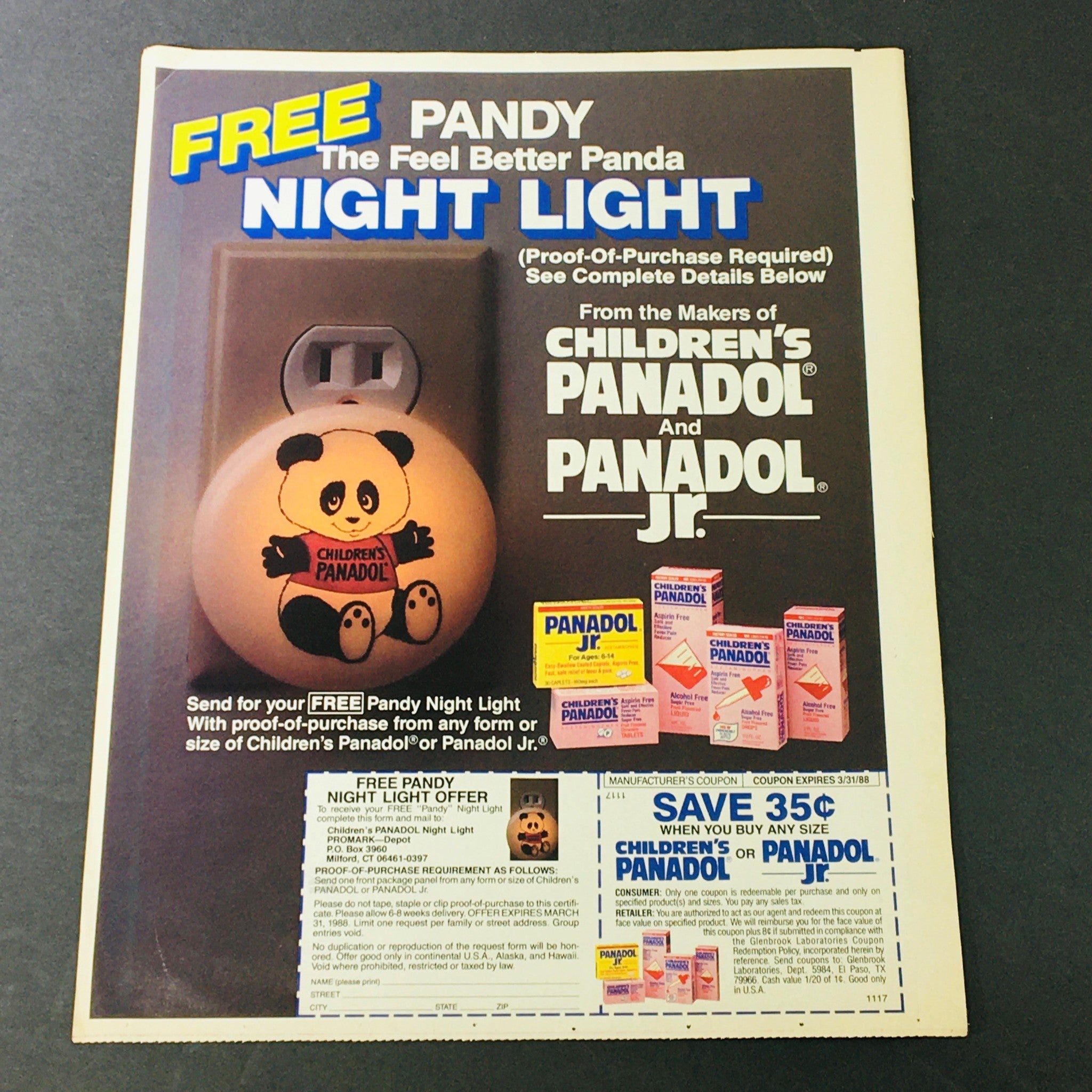 VTG Retro 1987 Children's Panadol & Panadol Jr. FREE Pandy Night Light Ad Coupon