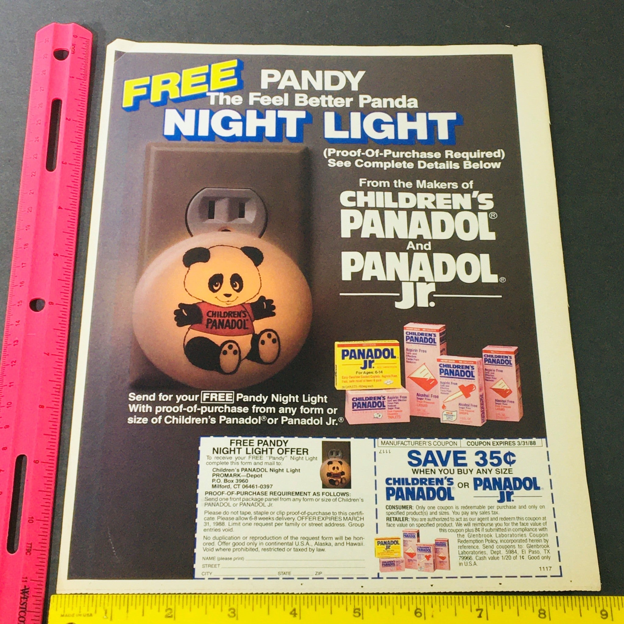 VTG Retro 1987 Children's Panadol & Panadol Jr. FREE Pandy Night Light Ad Coupon