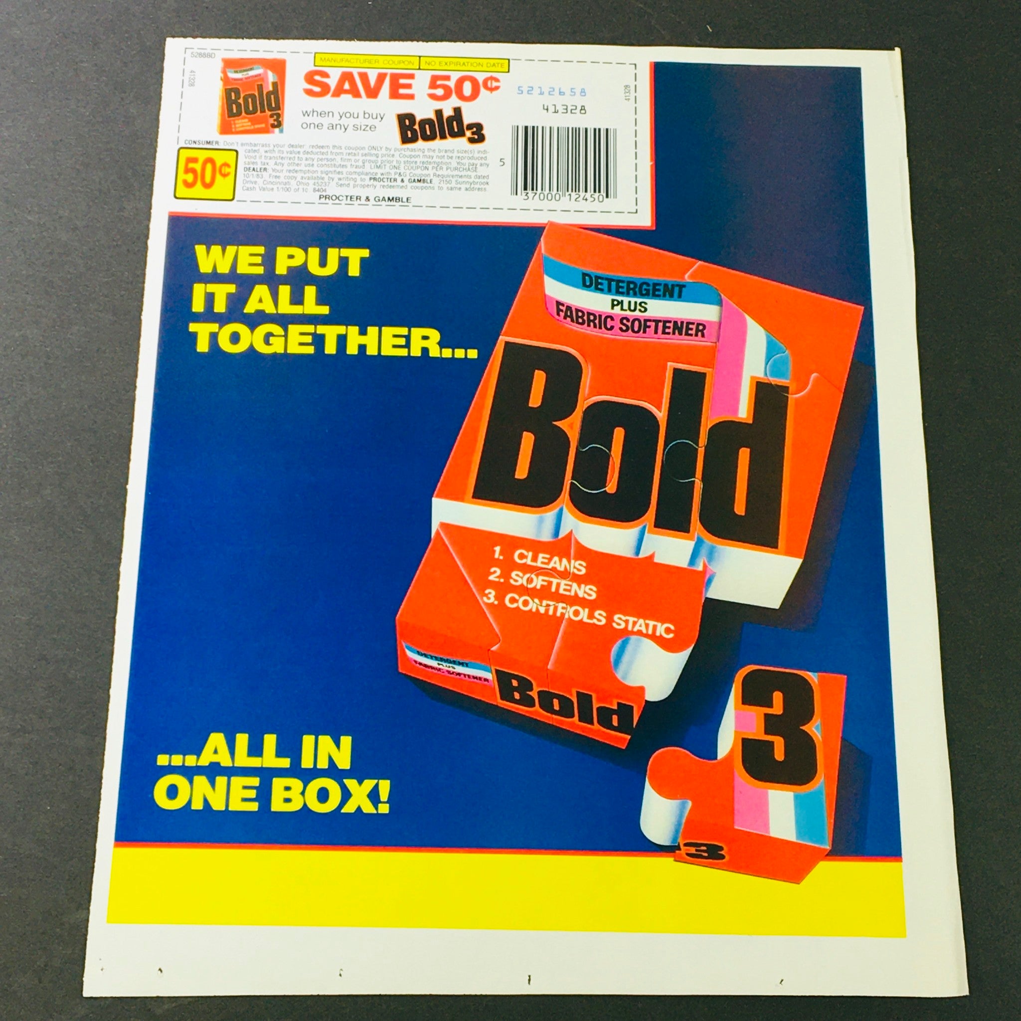 VTG Retro 1983 Bold Detergent Plus Fabric Softener All in One Box Ad Coupon