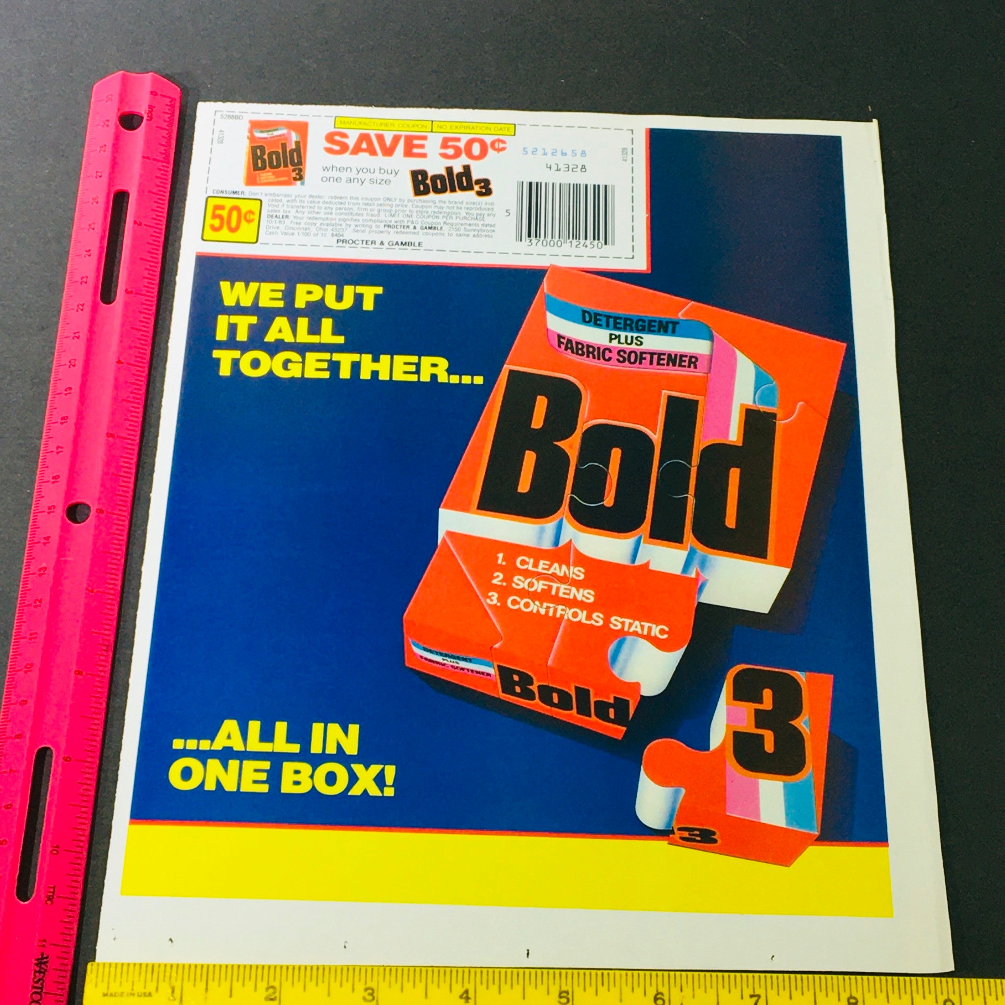 VTG Retro 1983 Bold Detergent Plus Fabric Softener All in One Box Ad Coupon