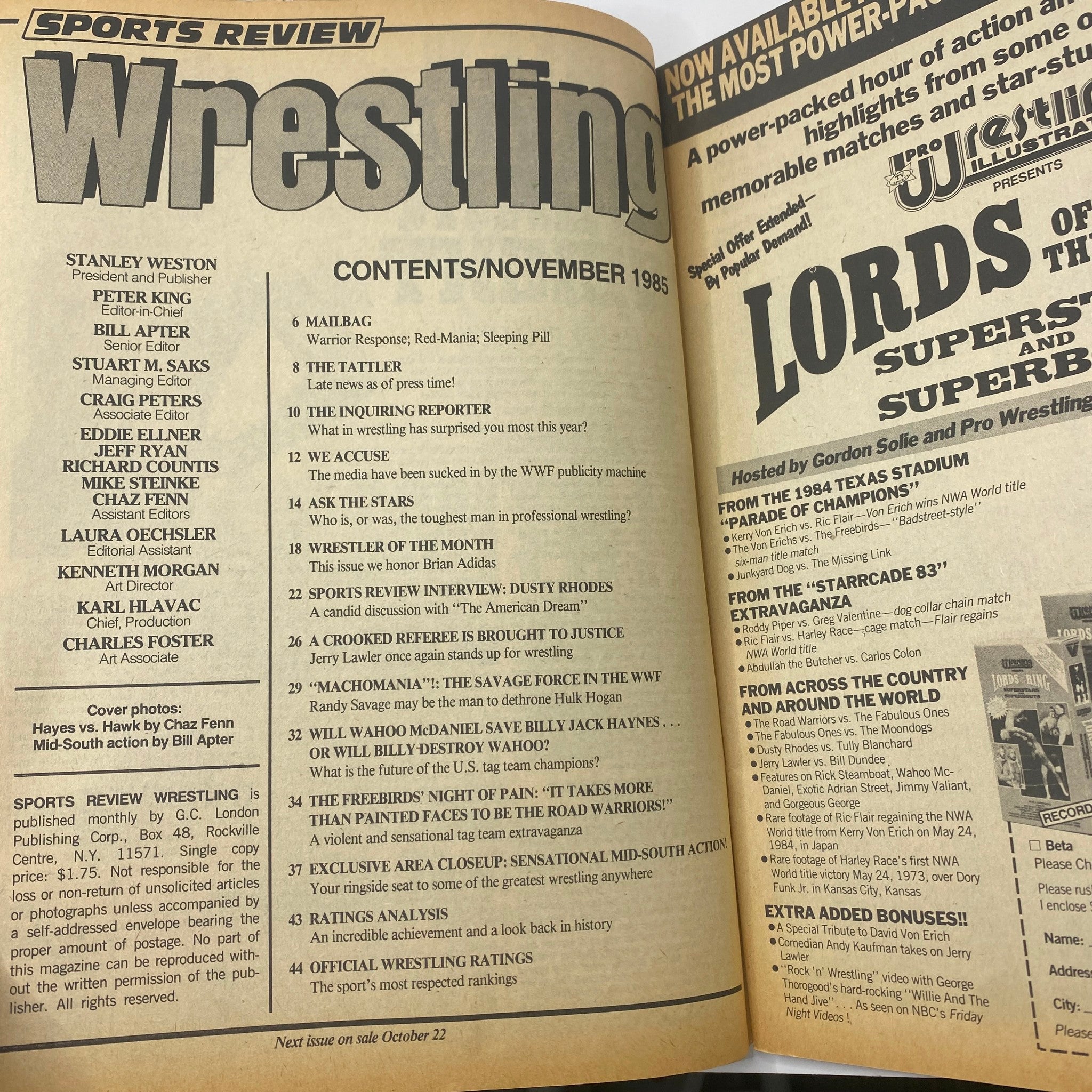 VTG Sports Review Wrestling Magazine November 1985 Fabulous Freebirds No Label