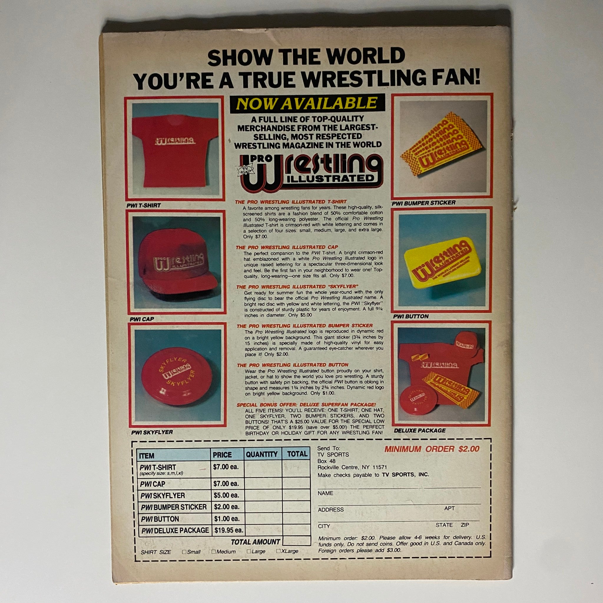 Back cover of Vintage Sports Review Wrestling Magazine February 1986, advertising wrestling merchandise including T-shirts, caps, and bumper stickers.