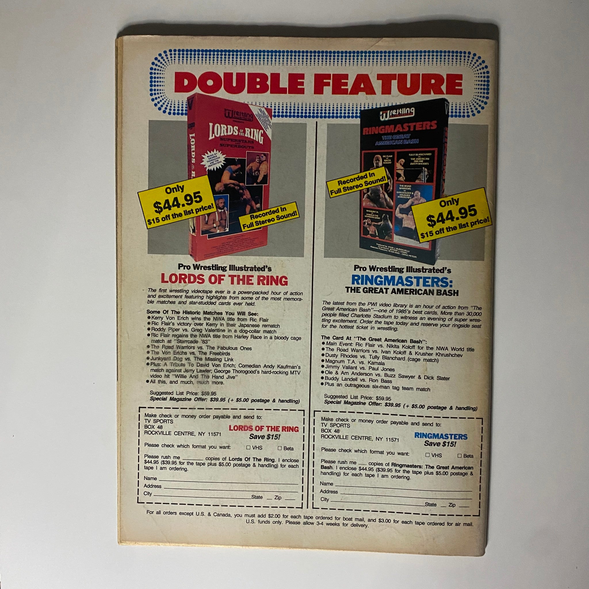 Back cover of the VTG Sports Review Wrestling Magazine December 1986 promoting wrestling video titles 'Lords of the Ring' and 'Ringmasters: The Great American Bash', highlighting offers and merchandising.
