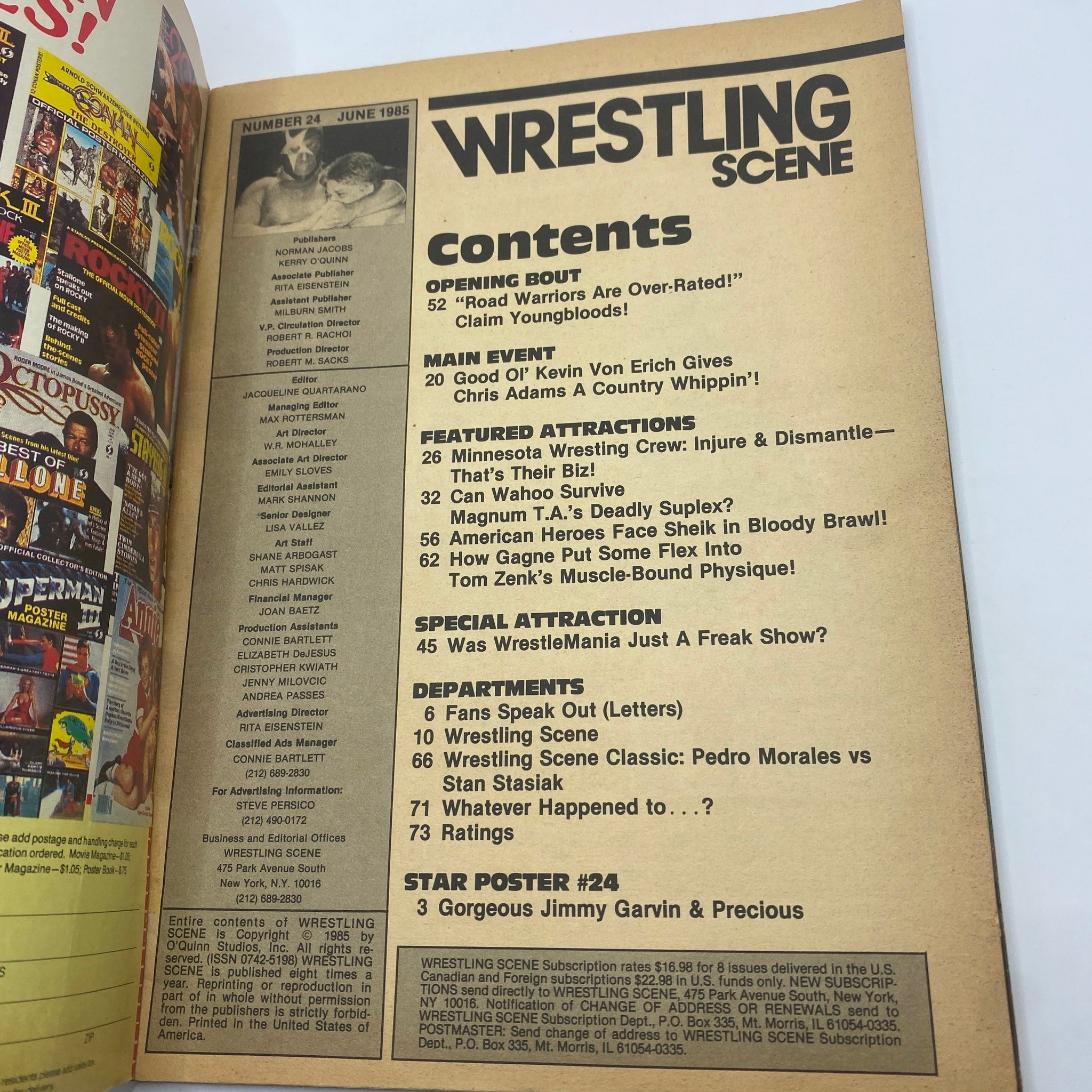 Contents page of the June 1985 Wrestling Scene Magazine featuring Hulk Hogan and Roddy Piper, showcasing articles and features on wrestling events.