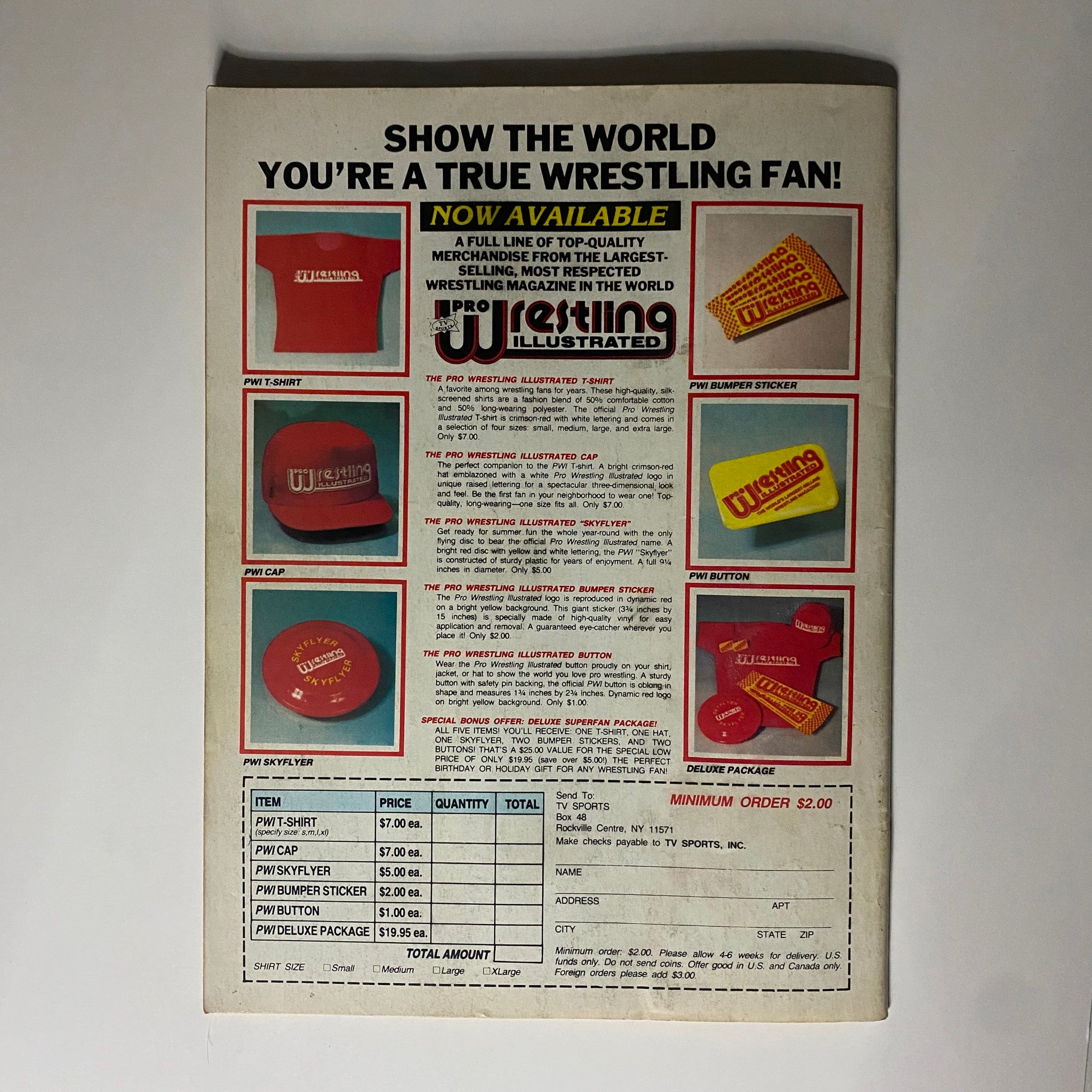 Back cover of the VTG Pro Wrestling Illustrated Winter 1985 featuring merchandise available such as T-shirts, caps, and bumper stickers. Showcases the Pro Wrestling Illustrated branding and a list of available items with pricing details, emphasizing the wrestling culture. Ideal for collectors.