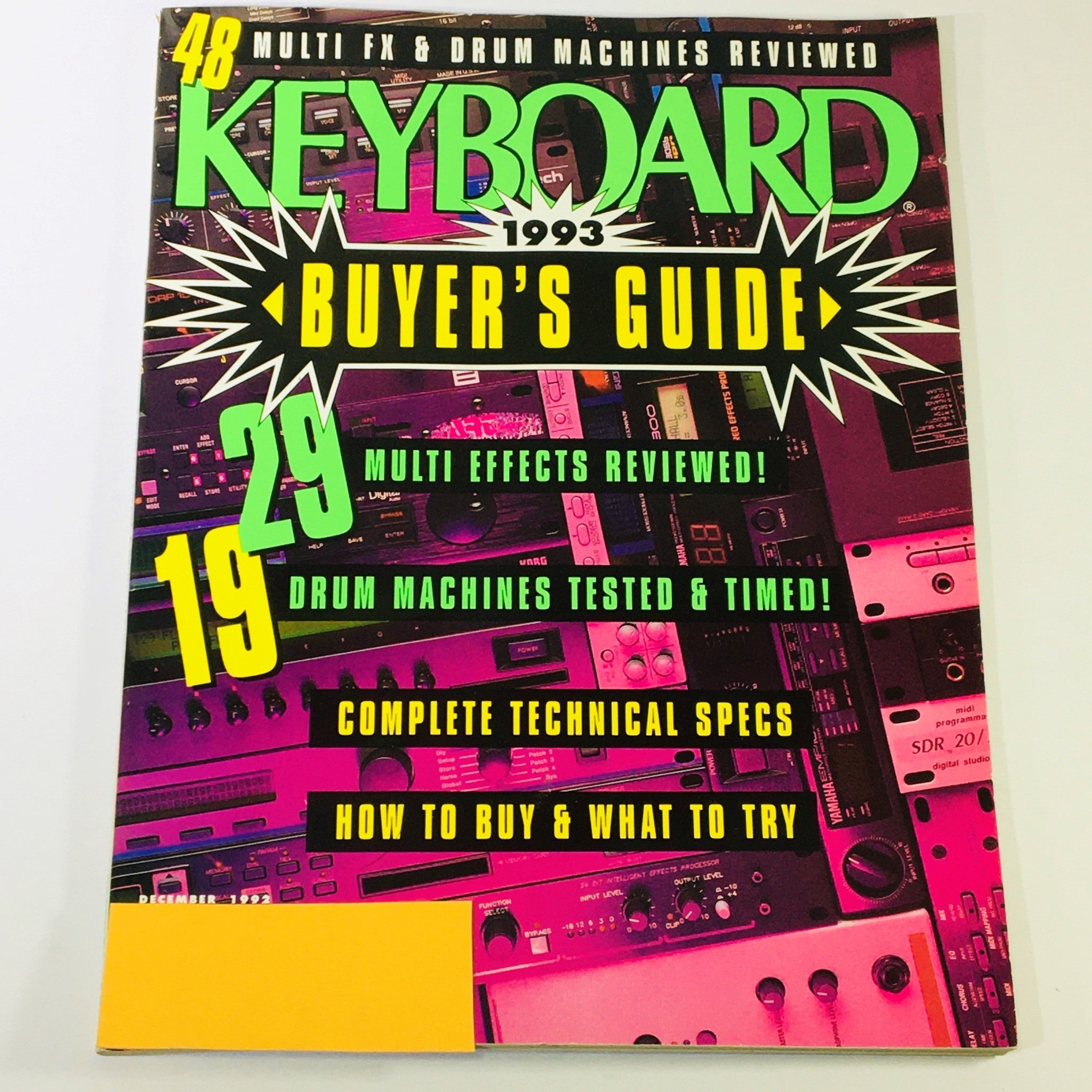 Cover of Keyboard Magazine December 1992 - 1993 Buyer's Guide featuring reviews of 29 multi effects and 19 drum machines, with vibrant graphics and a detailed layout highlighting music technology innovations.