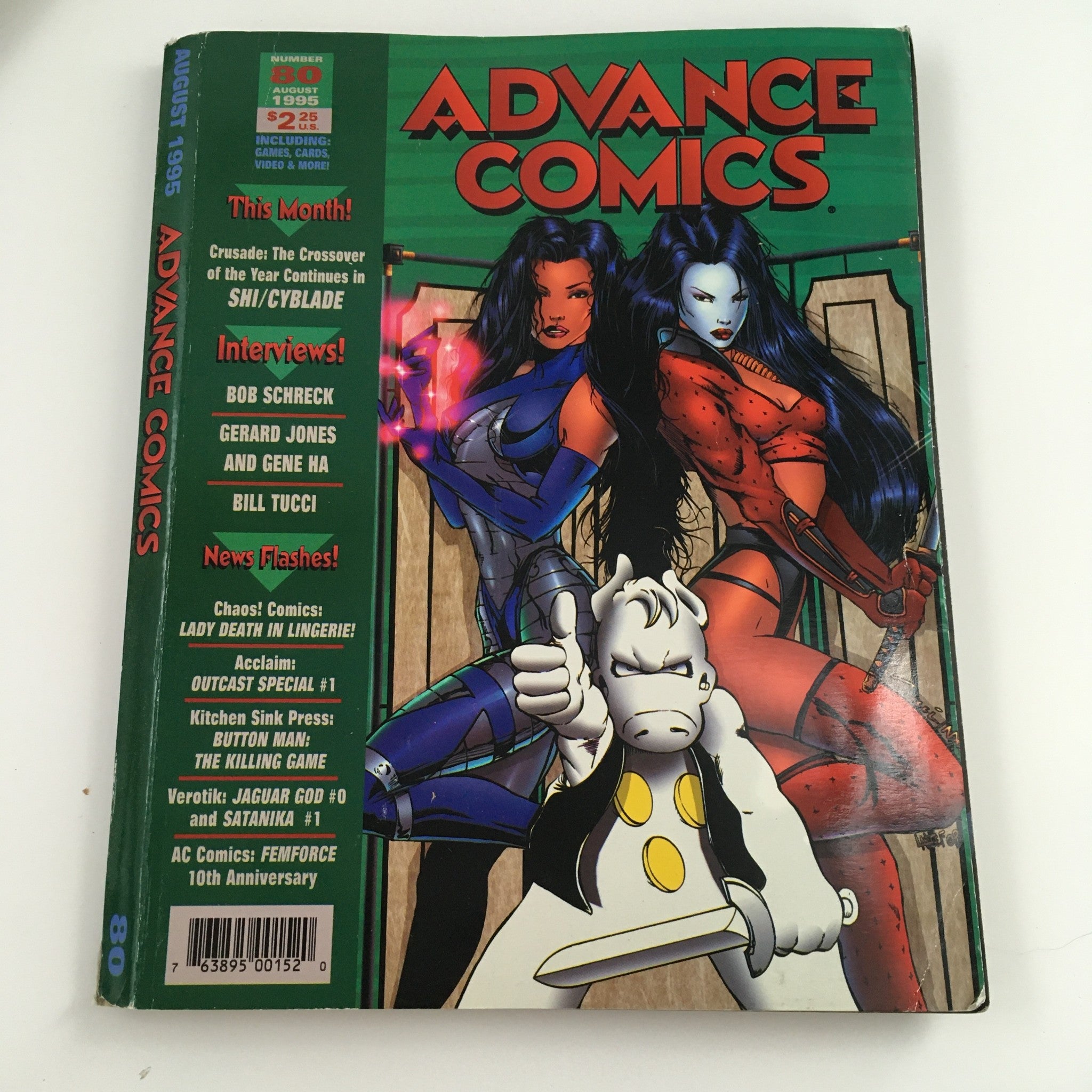 Cover of Advance Comics August 1995 No. 80 featuring Shi and Cyblade characters, highlighting the theme 'Crusade: The Crossover of the Year'. Vintage comic magazine.