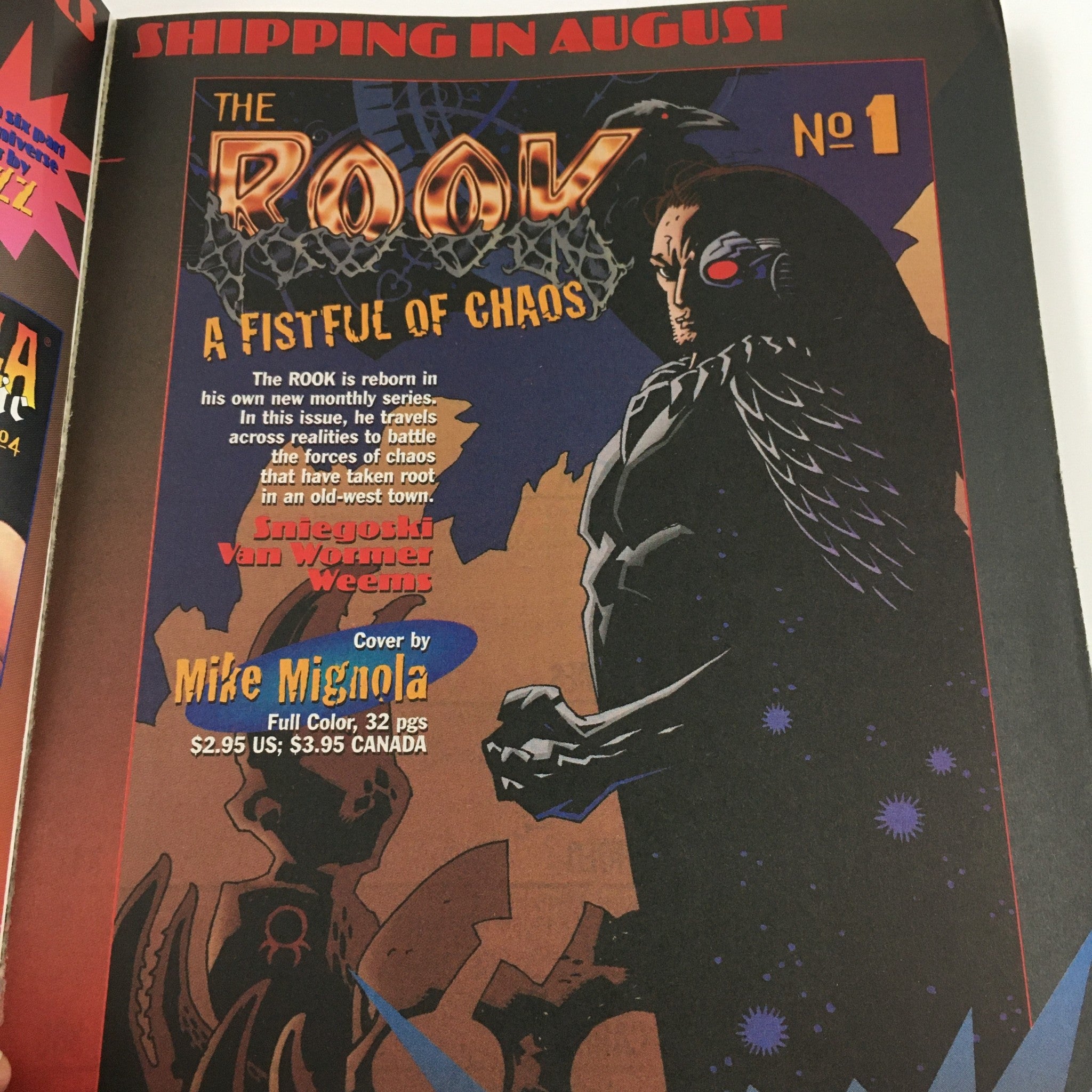 Promotional page for The Rook comic in Advance Comics August 1995 No. 80, showcasing a dark character and description of the series 'A Fistful of Chaos'.