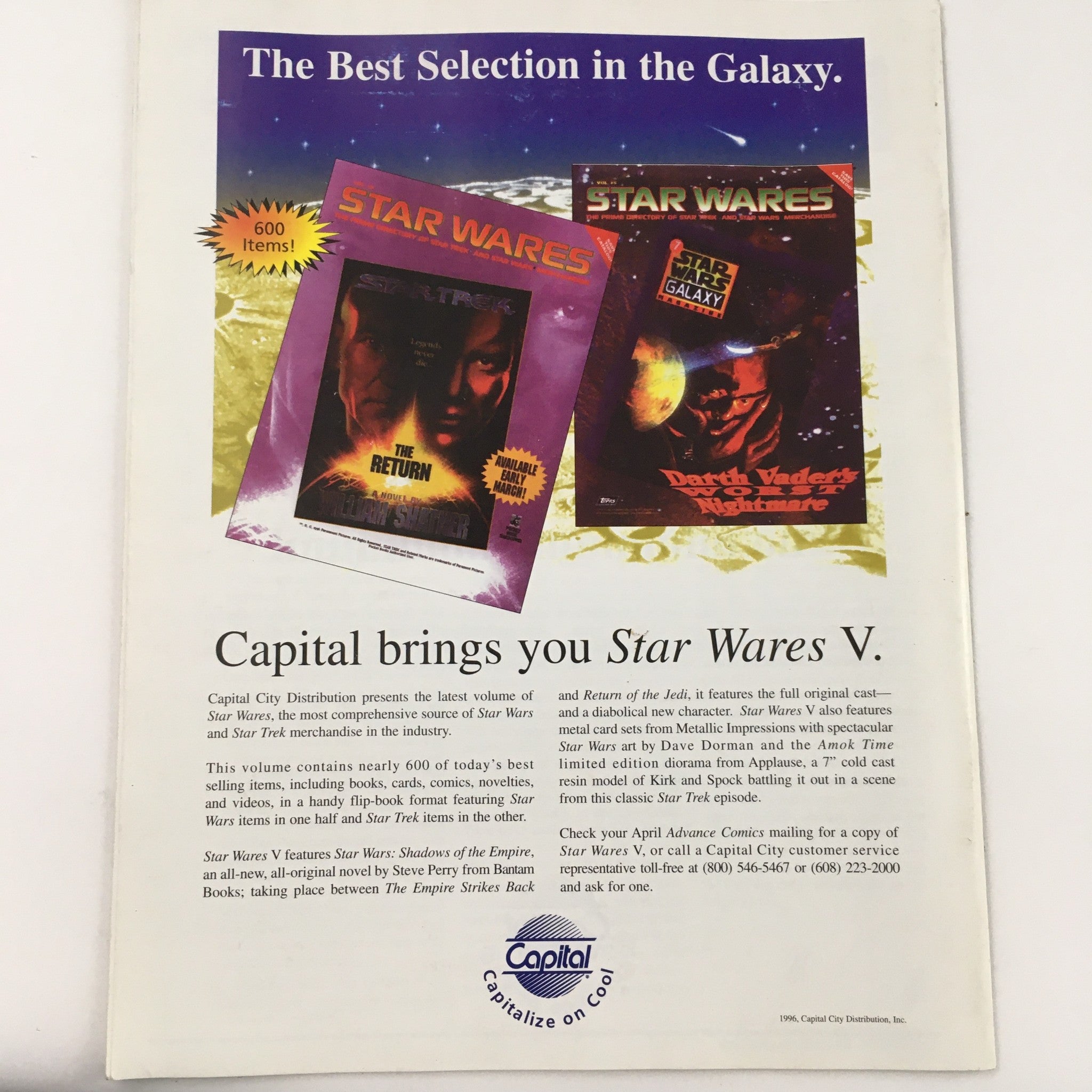 Internal Correspondence February 1996 Star Wars V advertisement promoting Star Wares V, the comprehensive source for Star Wars merchandise, with images of featured collectibles.