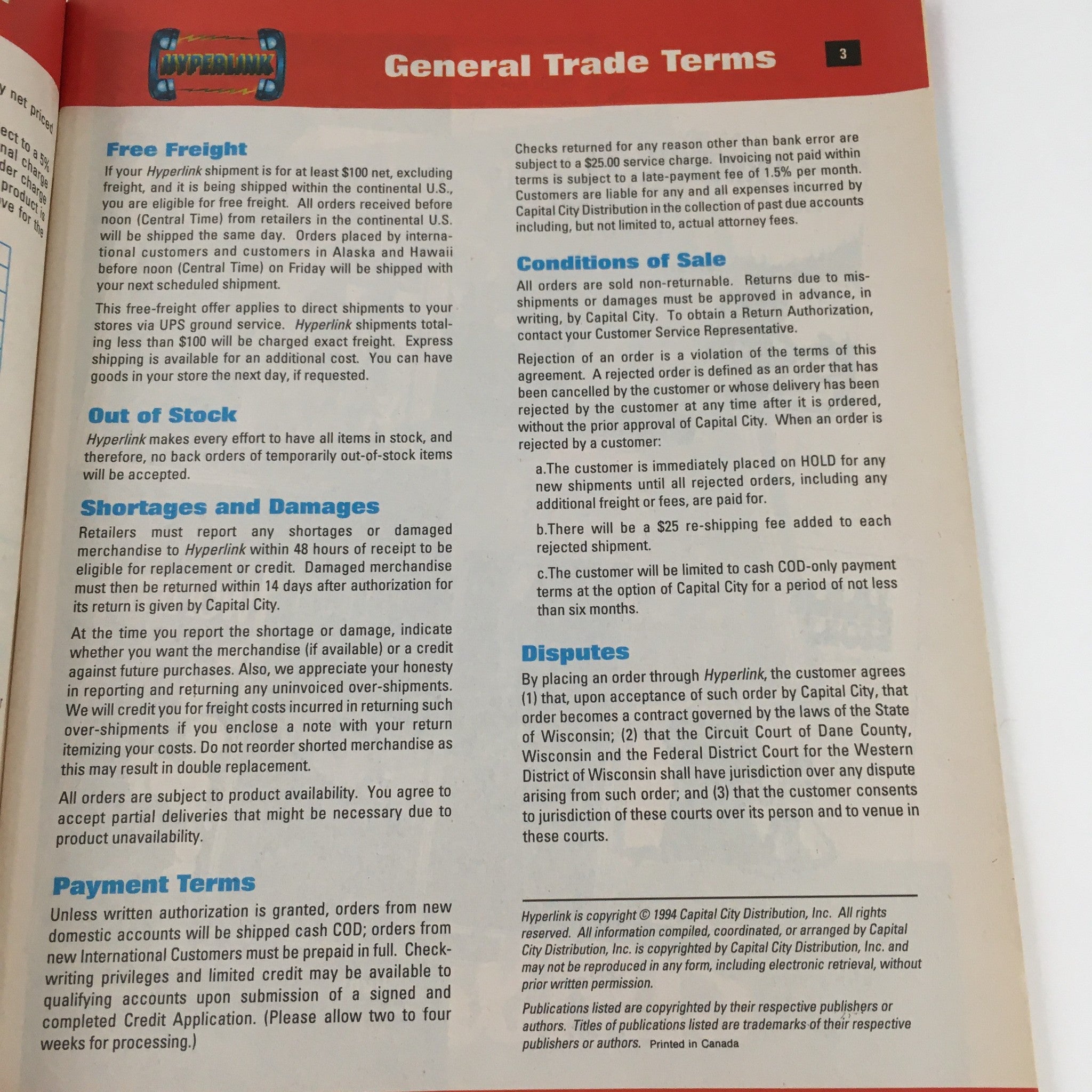 Hyperlink Backlist Order System 1994 General Trade Terms of Comics